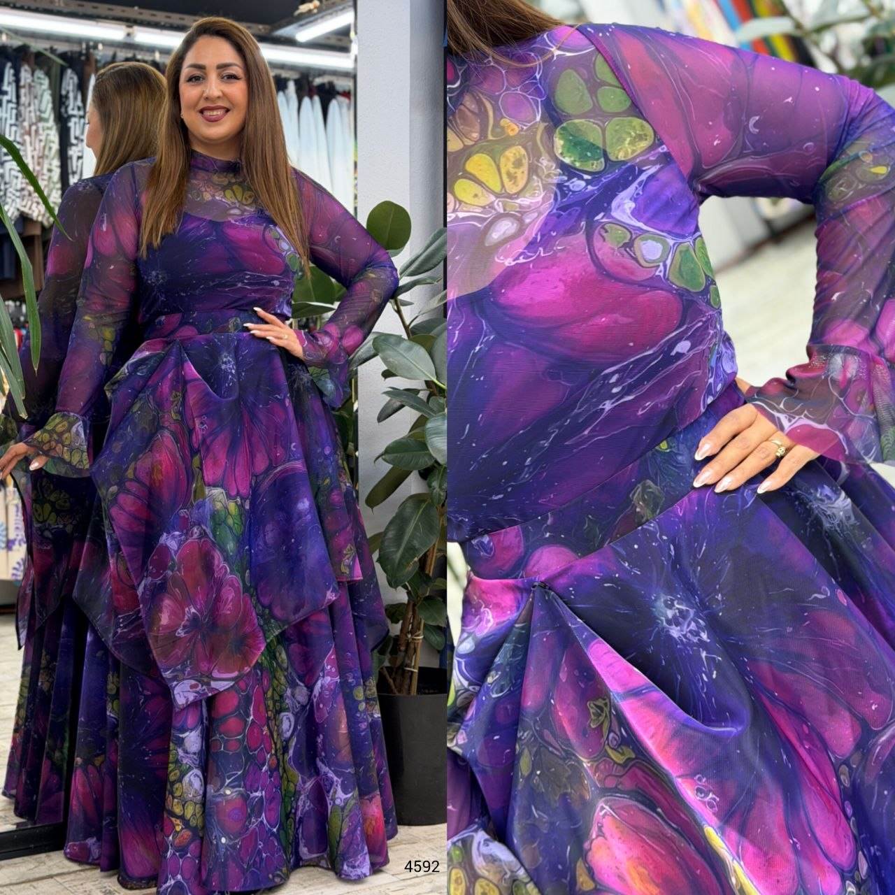 Abstract Print High-Neck Mesh Layered Maxi Dress