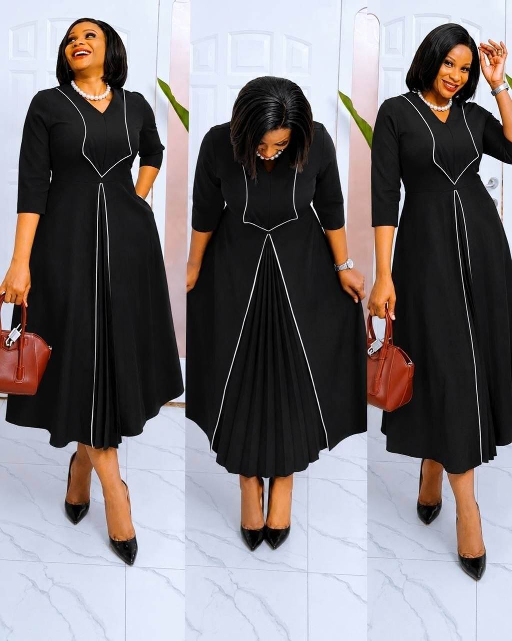 Women’s V-Neck Contrast Piping Half Sleeve Pleated Midi Dress