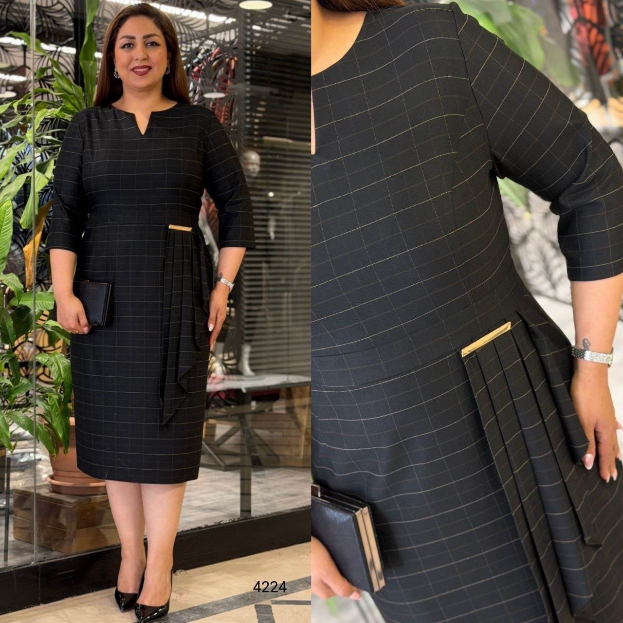 Elegant Checkered Pleated Detail Dress