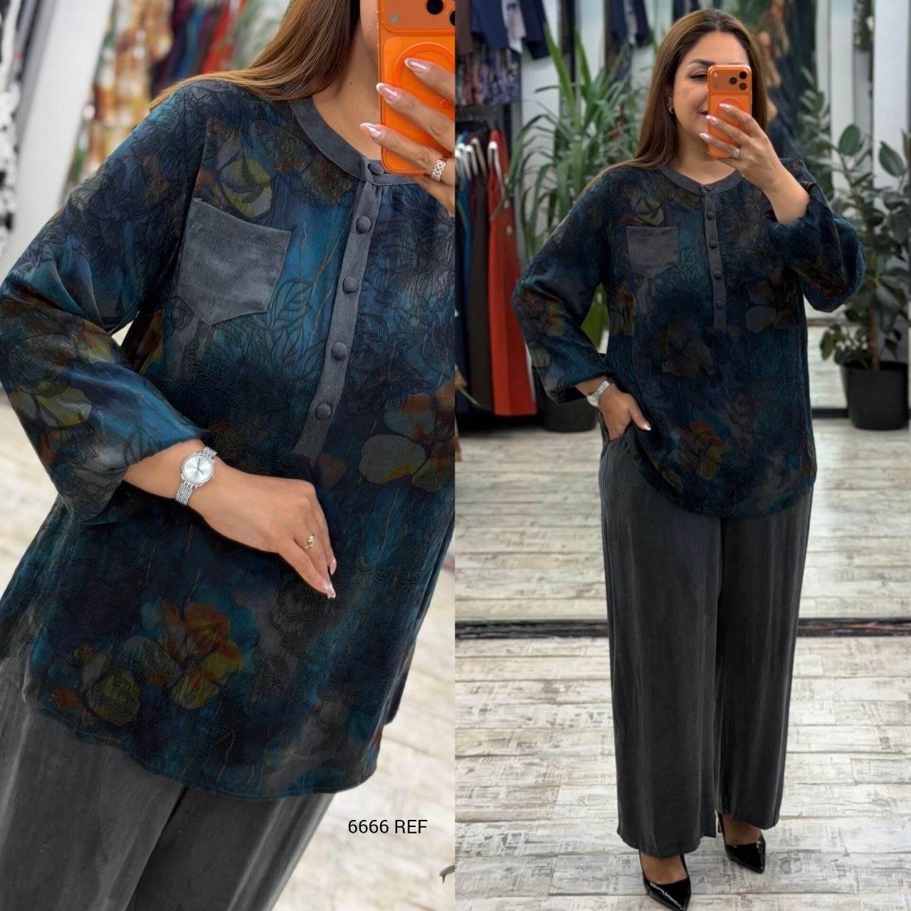 Women’s Crew Neck Button Detail Pocket Long Sleeve Blouse and Wide Leg Pants Set