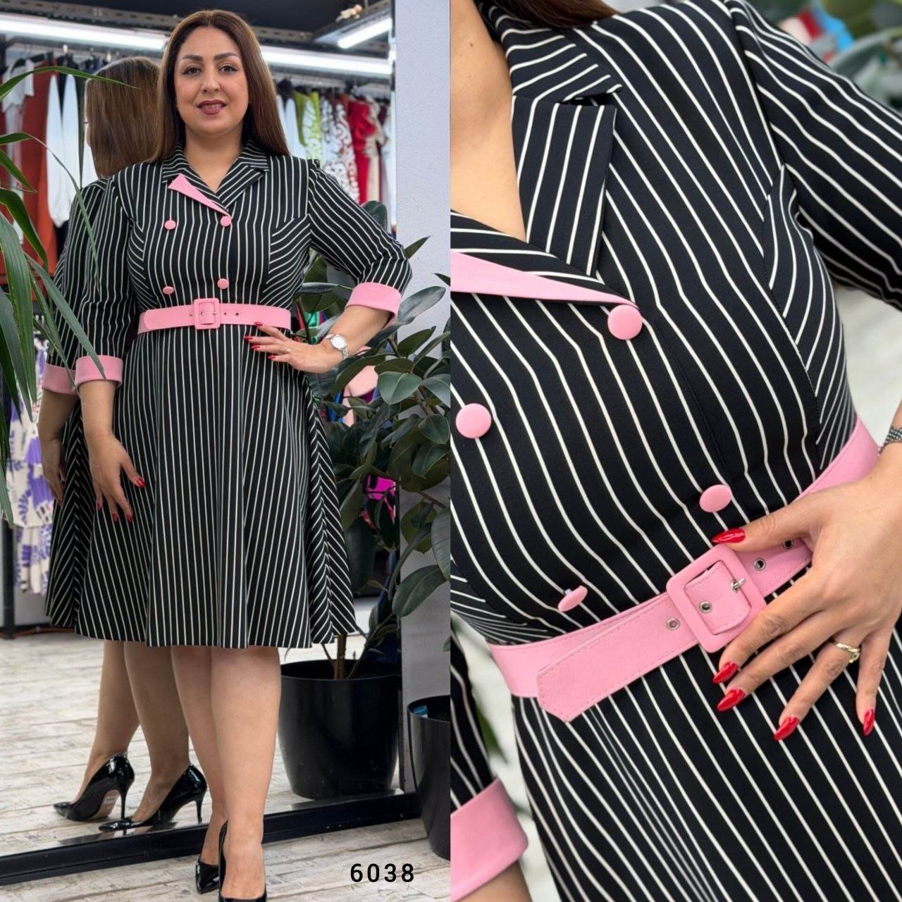 Striped Belted Double-Breasted Midi Dress