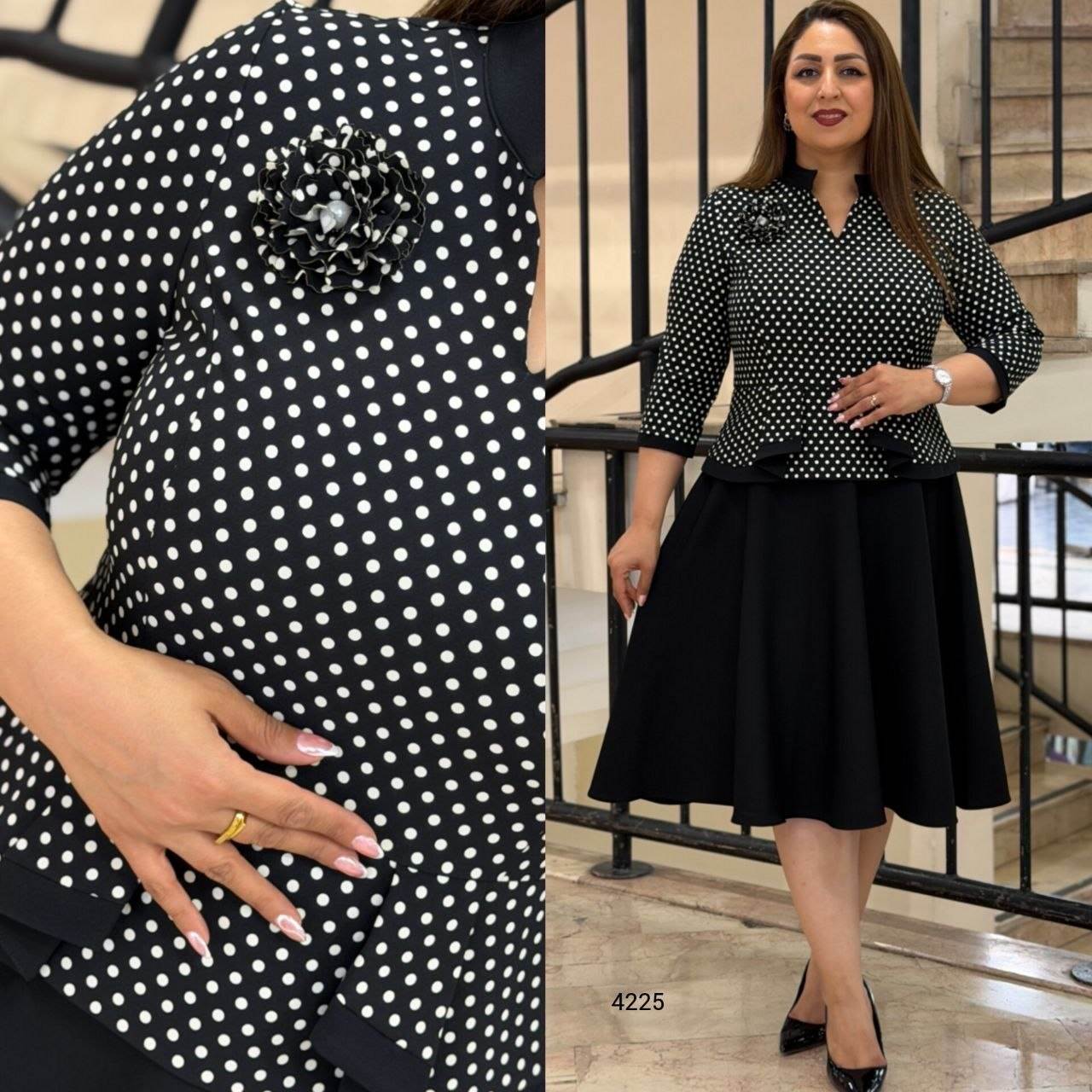 Elegant Polka Dot Brooch Detail Dress