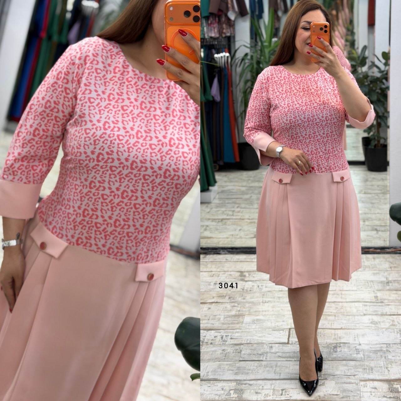 Women’s Leopard Print Crew Neck 3/4 Sleeve Midi Dress
