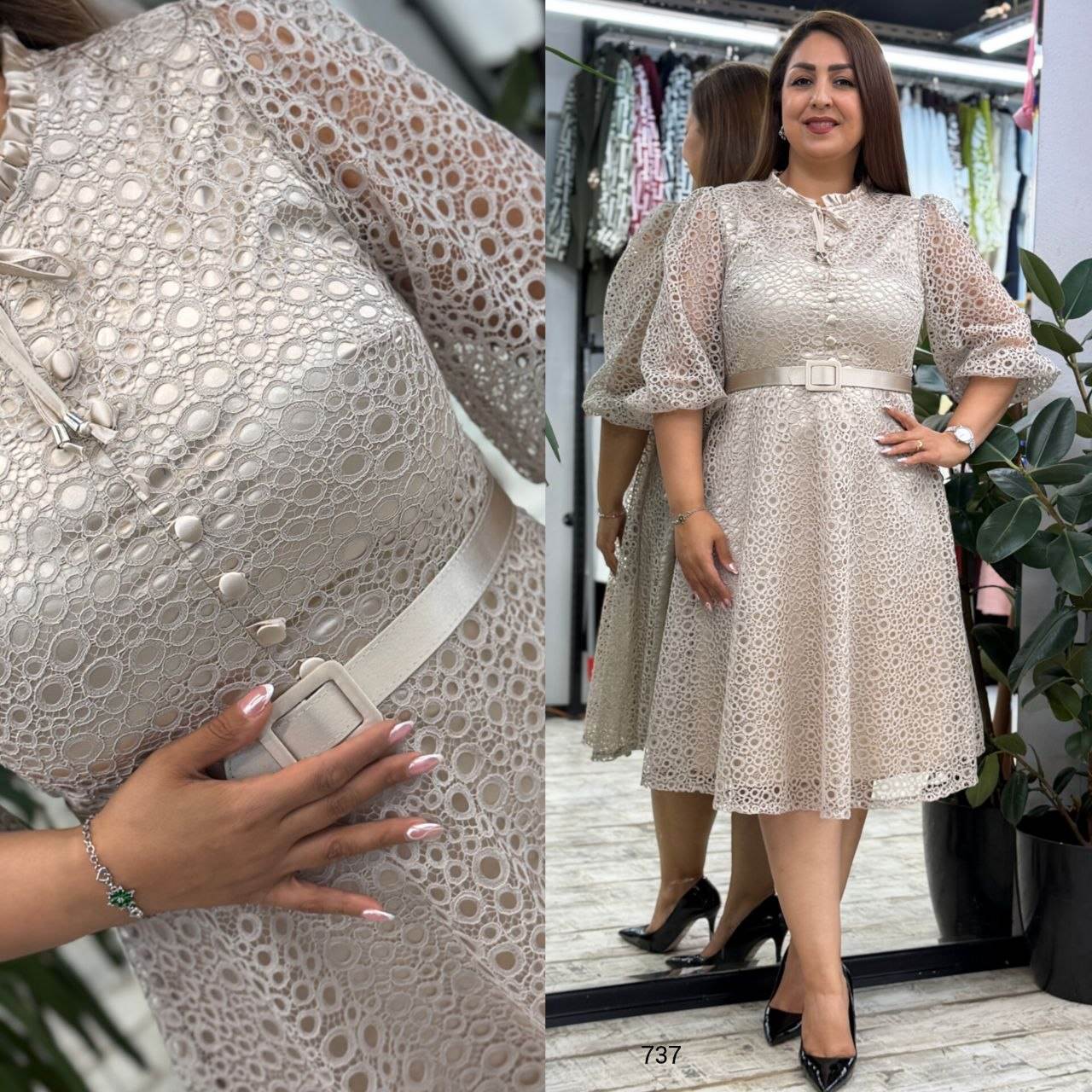 Belt Detail Lace Pattern Midi Dress