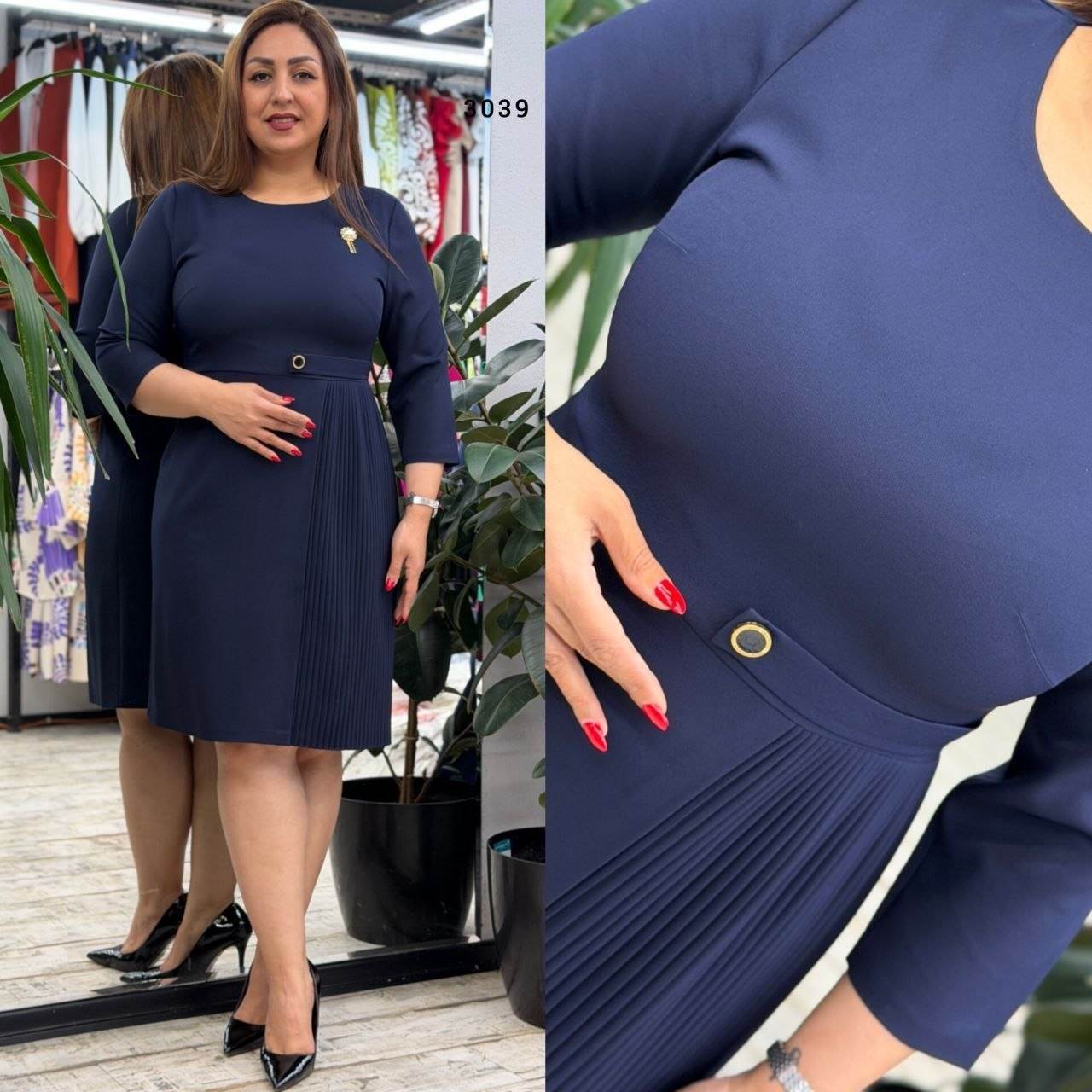 Women’s Crew Neck Belt Detail 3/4 Sleeve Midi Dress