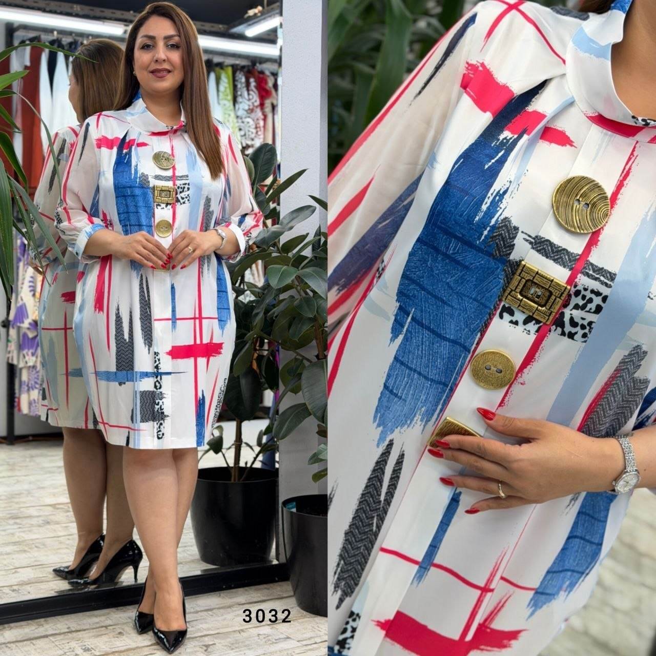 Printed Shirt Collar Button Detail Dress