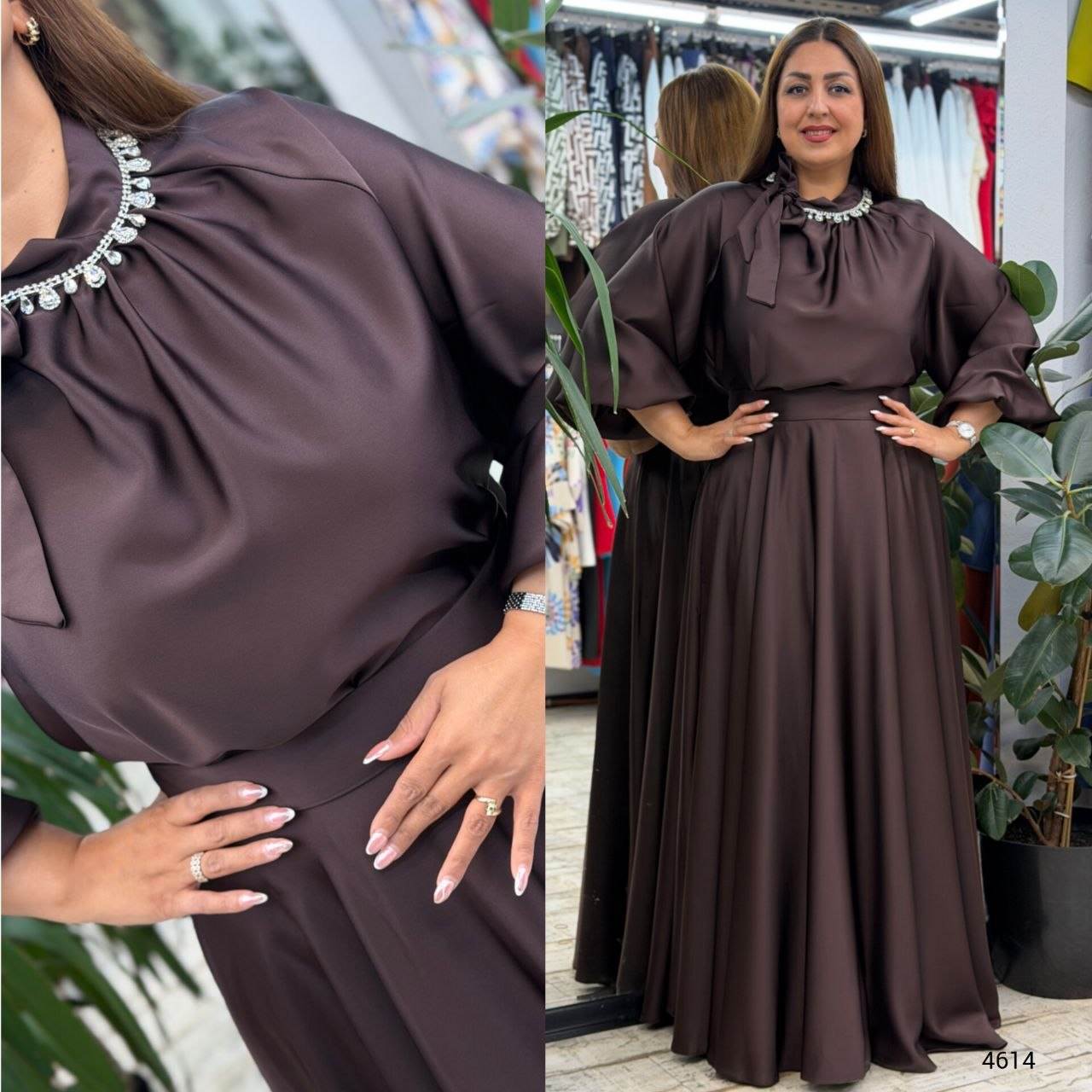 Women’s Embellished Neck Tie Detail Balloon Sleeve Maxi jacket whit blouse