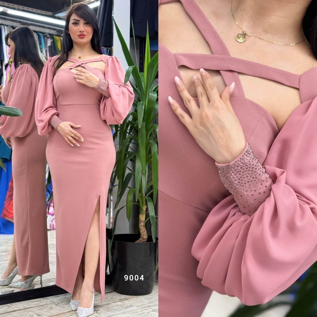 Long Slit Dress with Puff Sleeves and Rhinestone Details