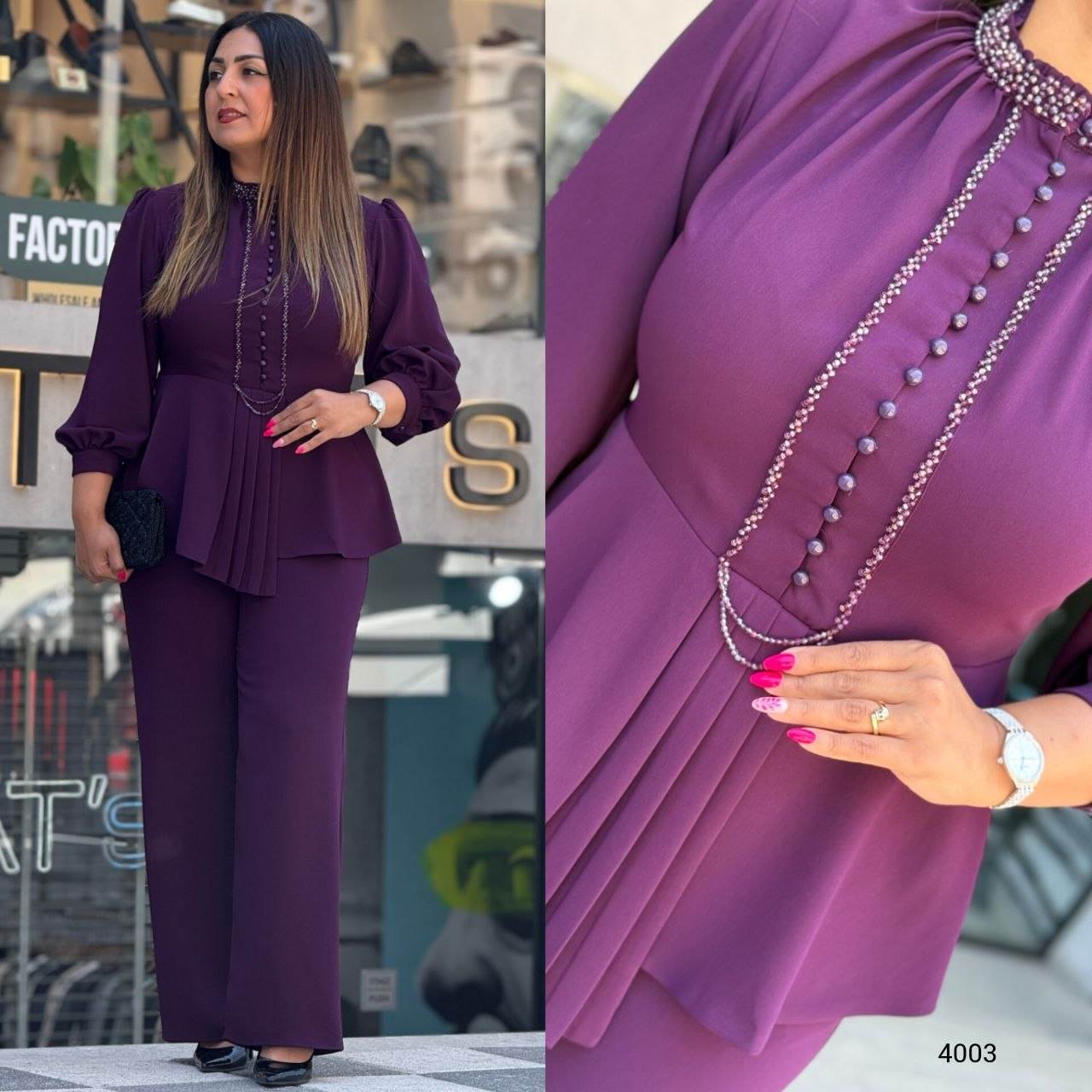 Beaded High-Neck Peplum Top & Straight-Leg Pants Two-Piece Set