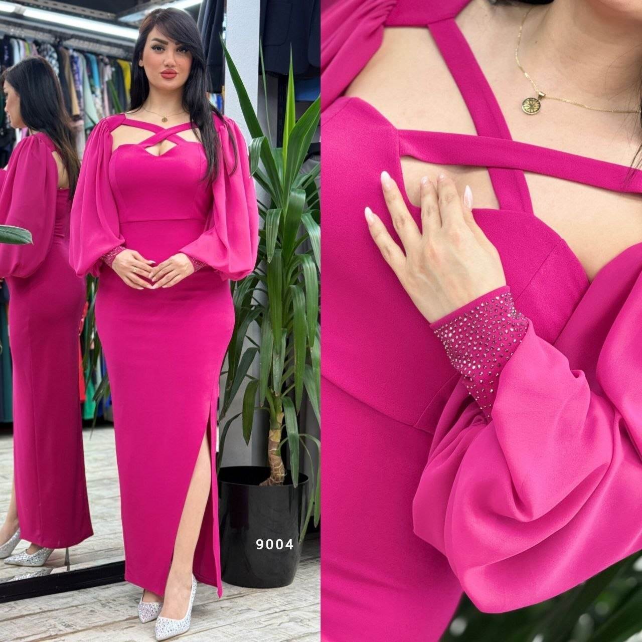 Long Slit Dress with Puff Sleeves and Rhinestone Details