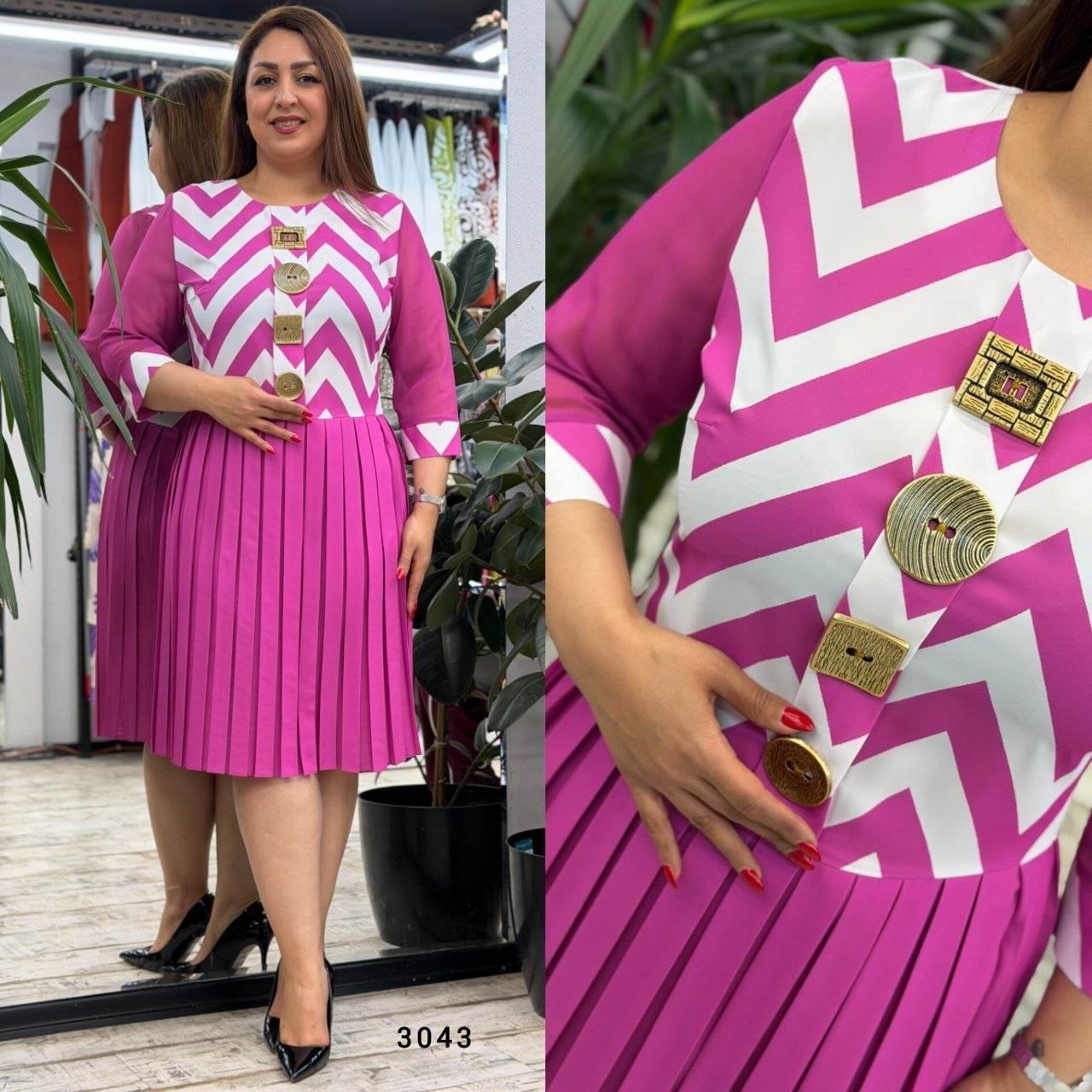 Women’s Chevron Print Embellished Pleated Midi Dress with Sheer Sleeves