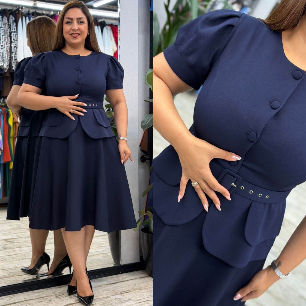 Women’s Round Neck Button Detail Short Puff Sleeve Belted Midi Dress