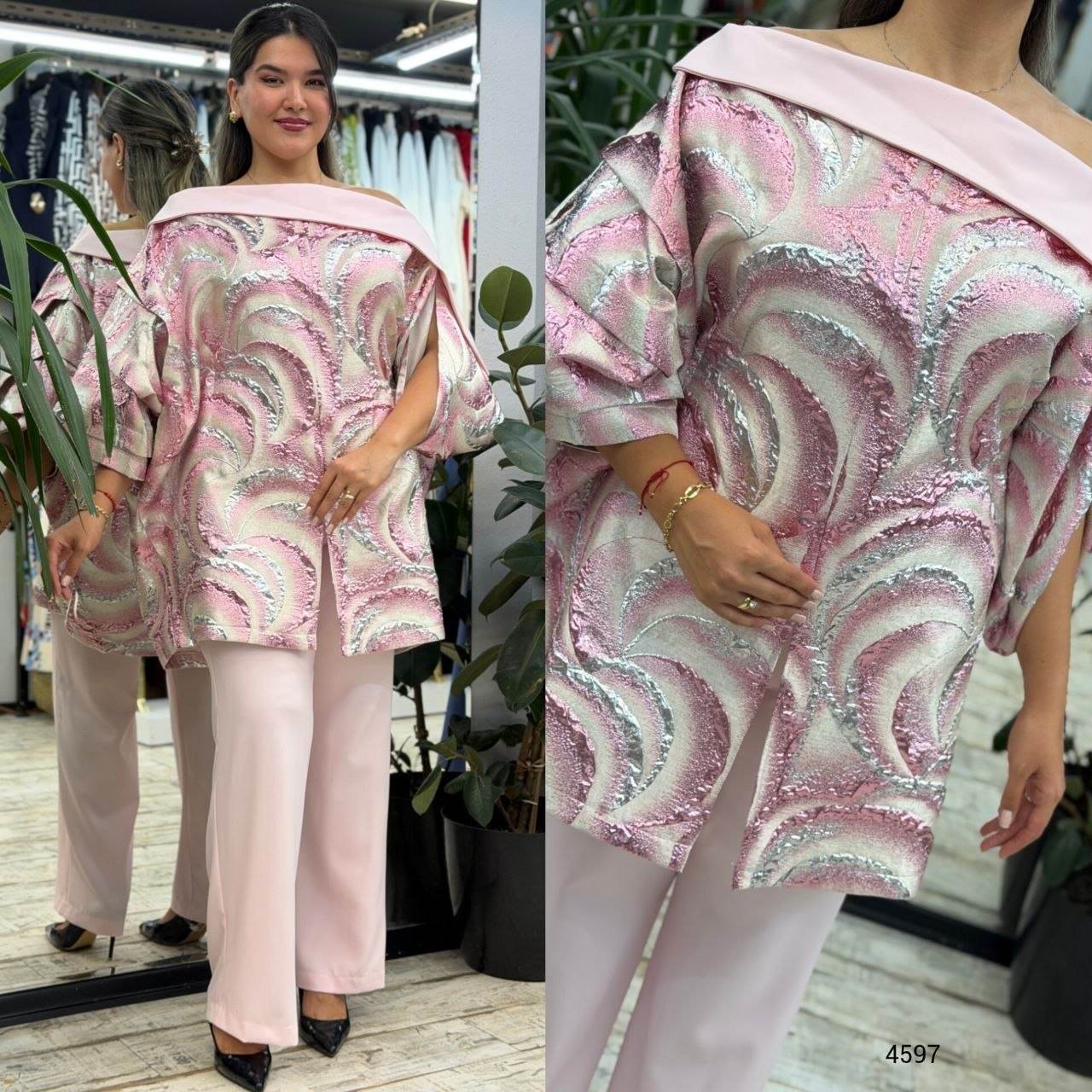  Jacquard Tunic & Wide-Leg Pants Set