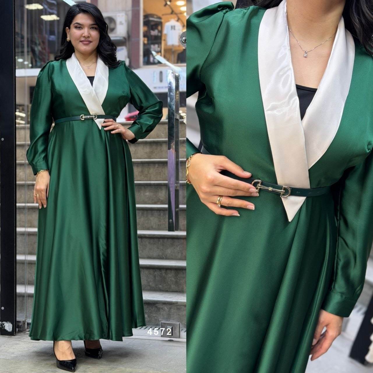 Elegant Shawl Collar Satin Maxi Dress with Accent Belt