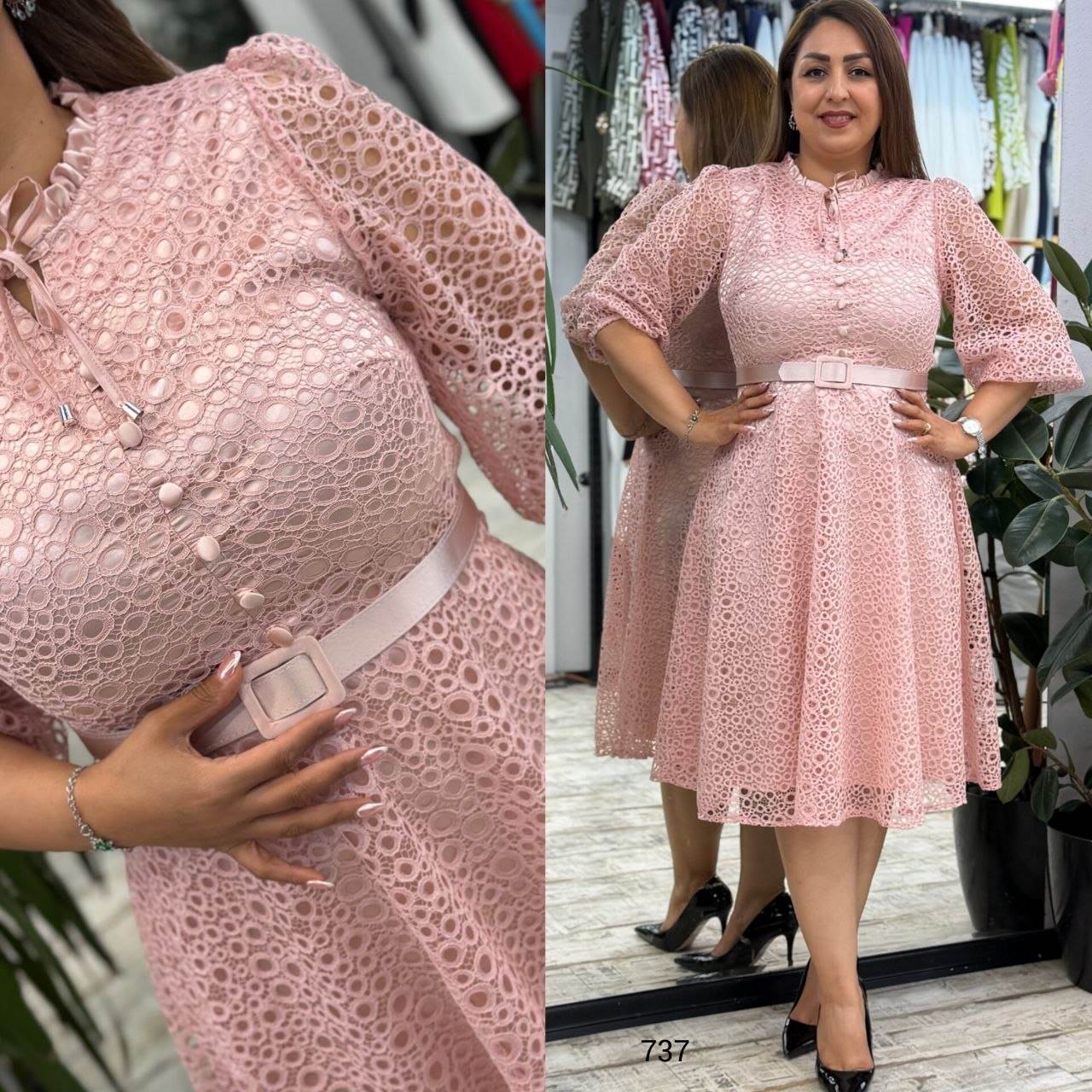 Belt Detail Lace Pattern Midi Dress