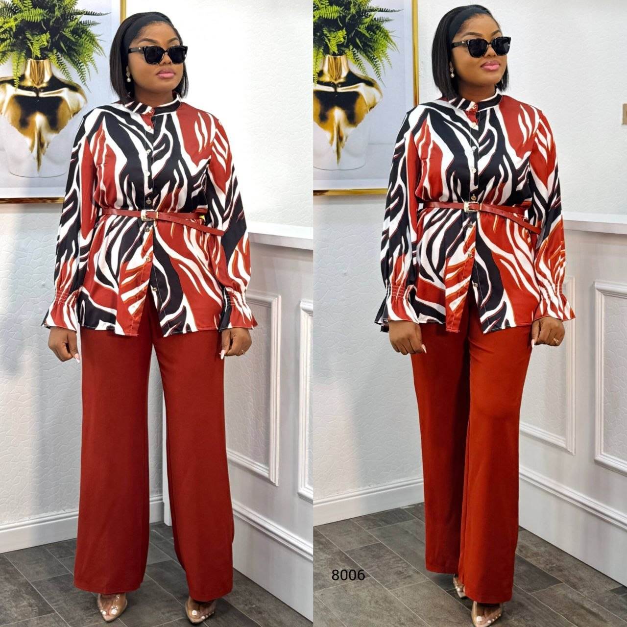atterned Belted Two-Piece Set with Ruffle Details