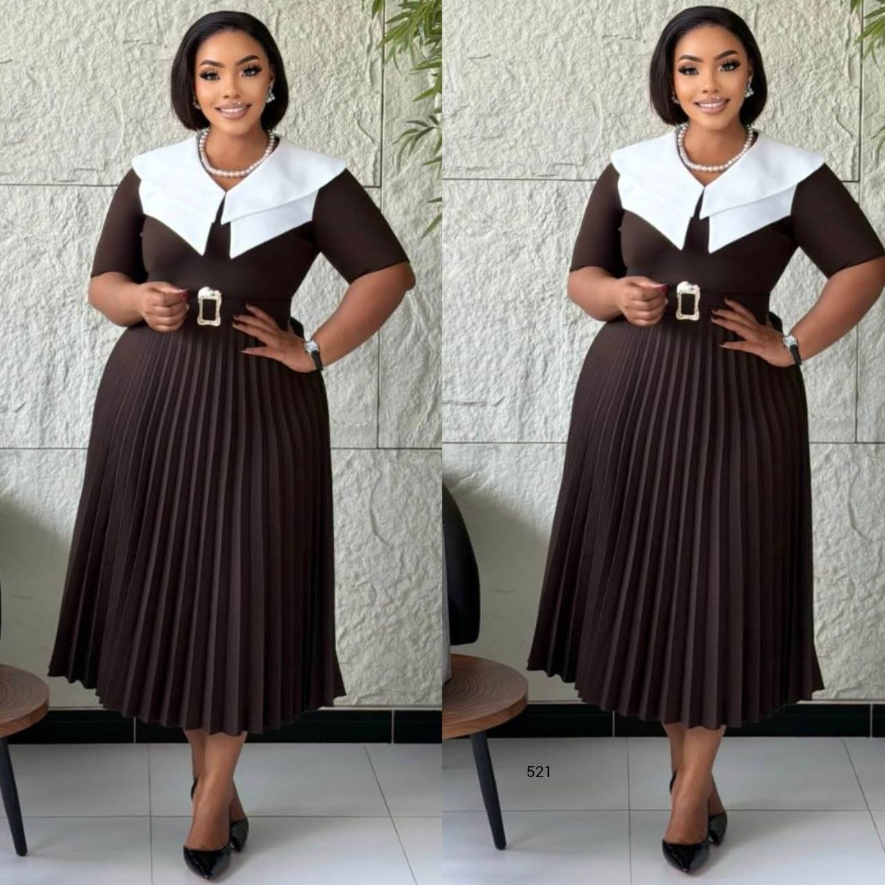 Women’s Wide Collar Short Sleeve Belted Pleated Midi Dress