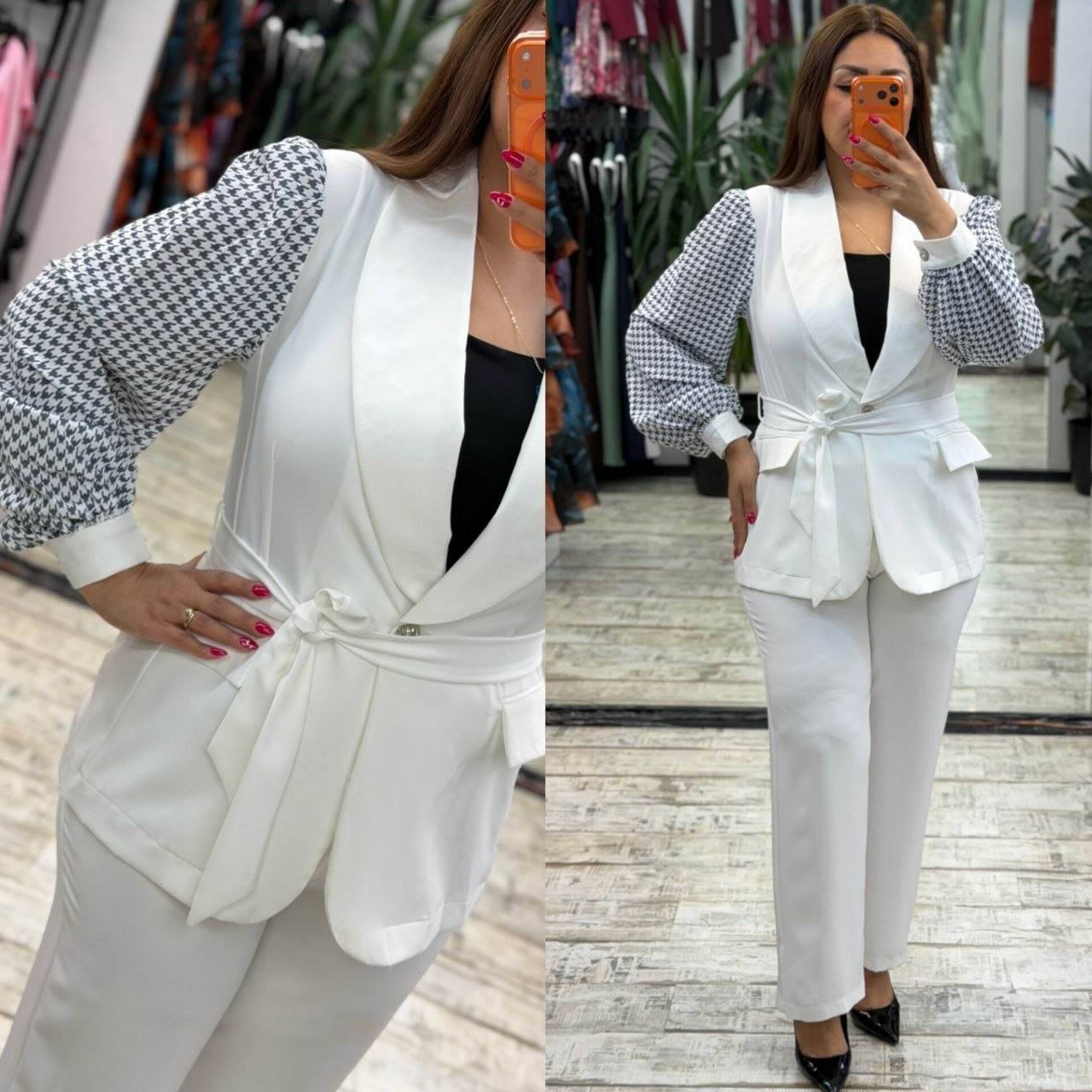 Women’s Shawl Collar Tie Waist Houndstooth Sleeve Pants Set