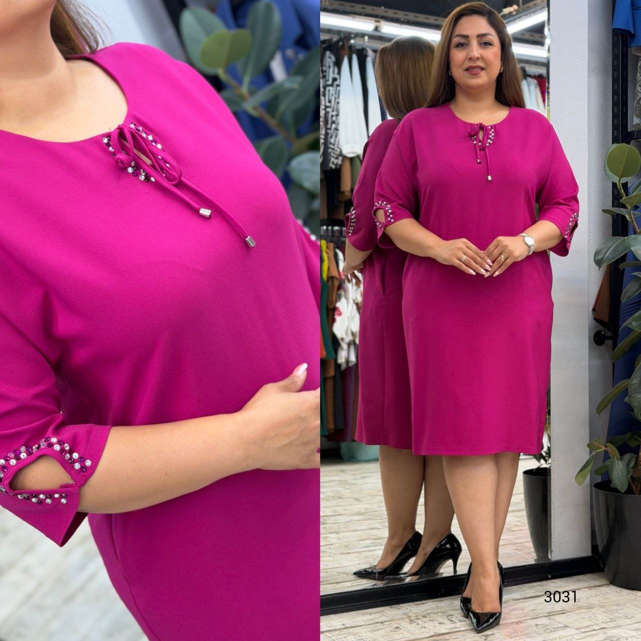 Women’s Round Neck Tie Detail Rhinestone Sleeve Detail Knee-Length Dress