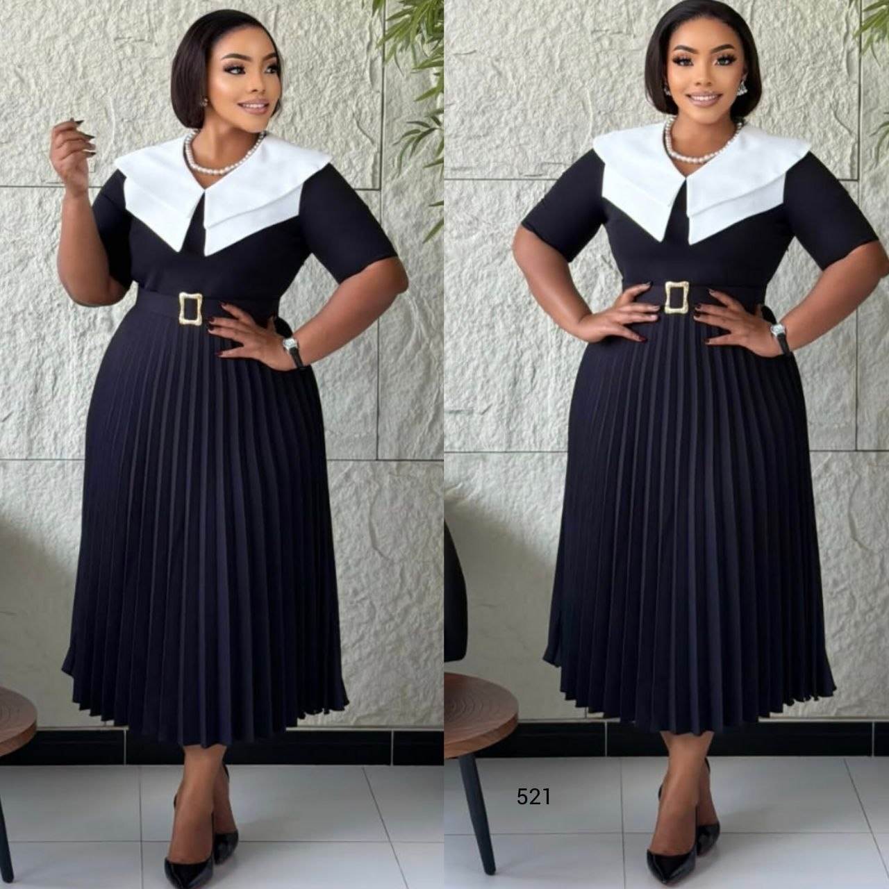 Women’s Wide Collar Short Sleeve Belted Pleated Midi Dress