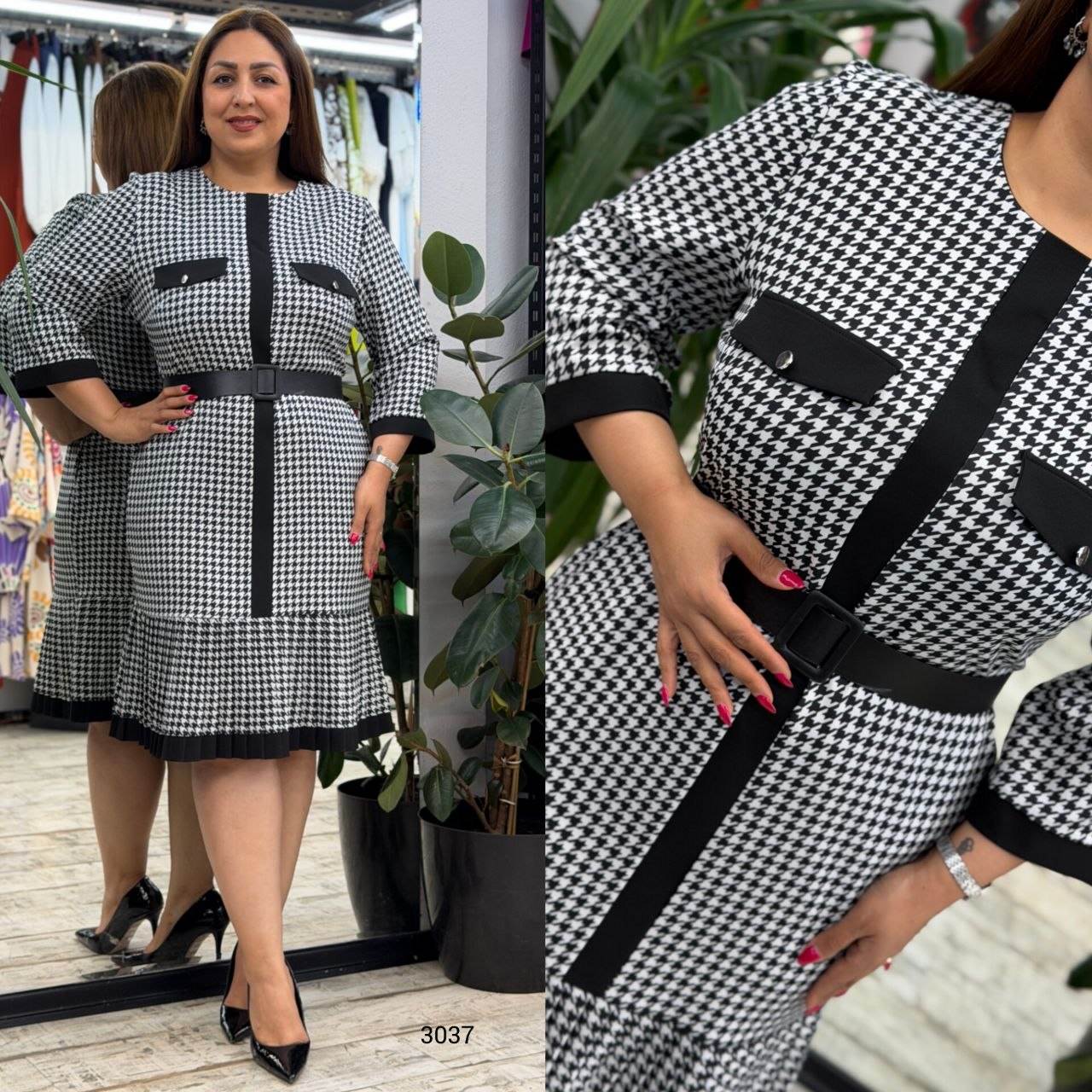 Houndstooth Dress with Belt, Pocket and Contrast Trim Details