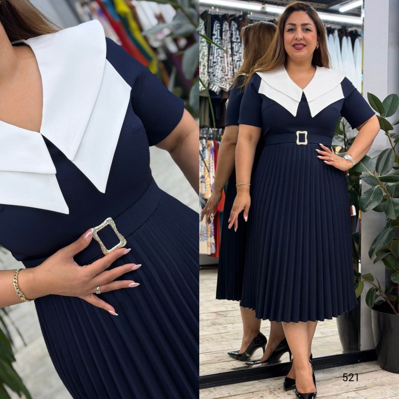 Statement Collar Belted Pleated Dress