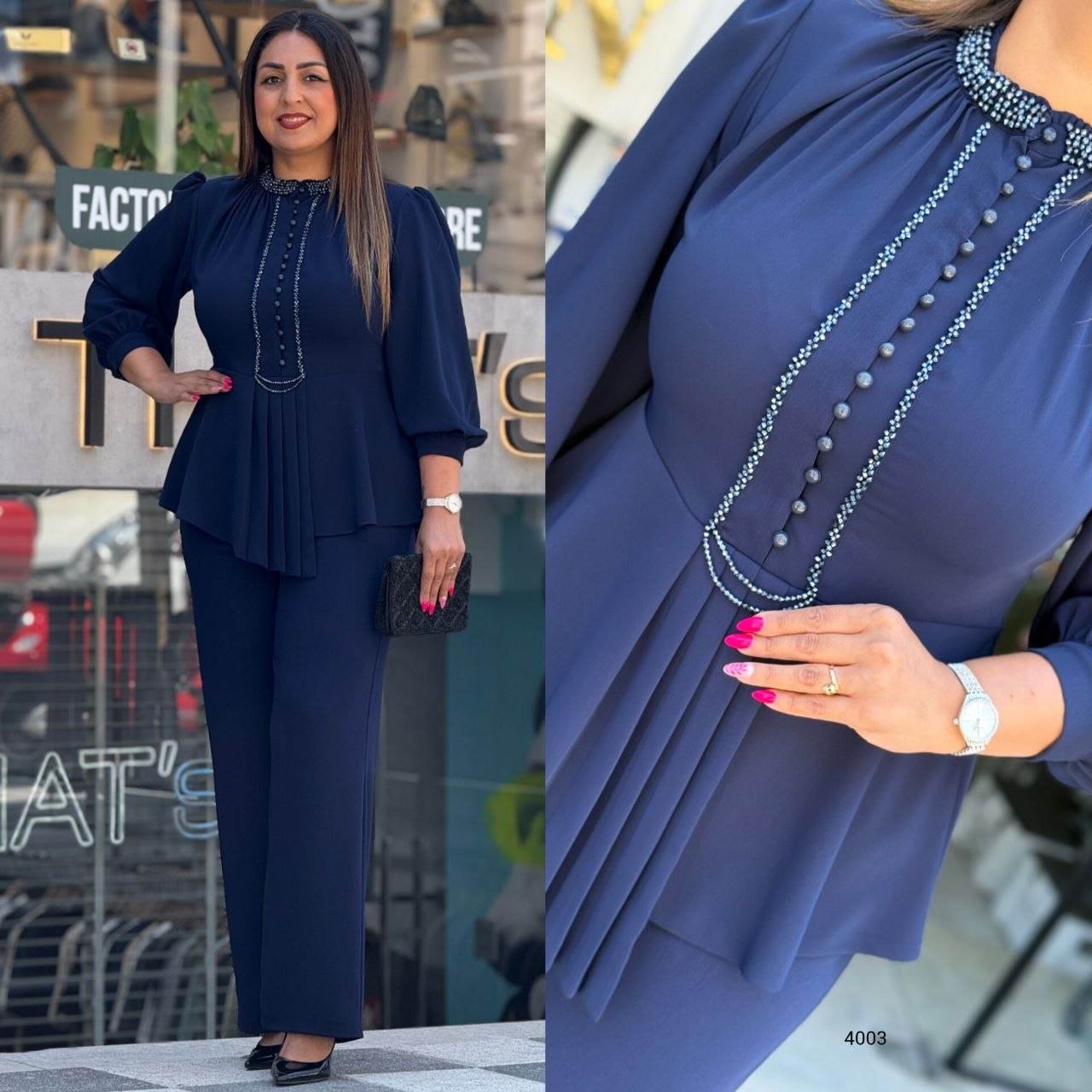 Beaded High-Neck Peplum Top & Straight-Leg Pants Two-Piece Set
