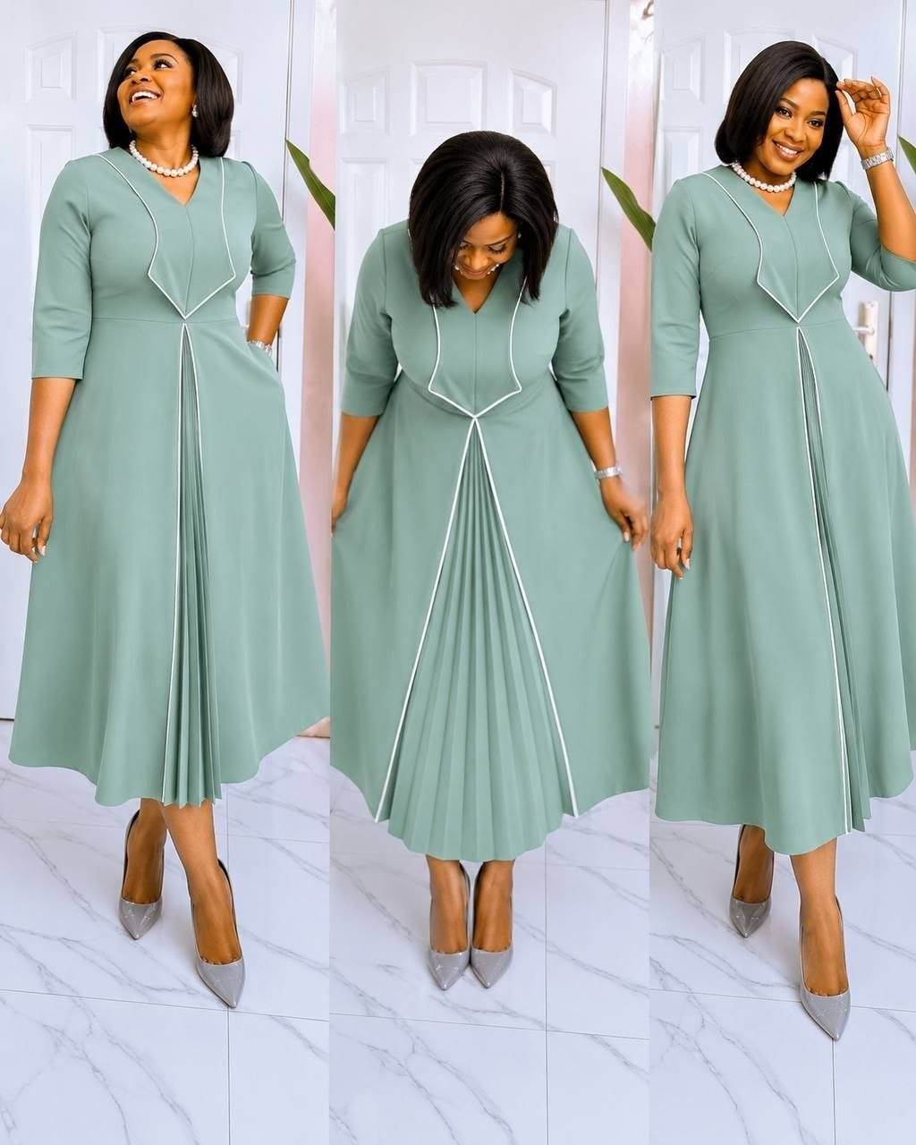 Women’s V-Neck Contrast Piping Half Sleeve Pleated Midi Dress
