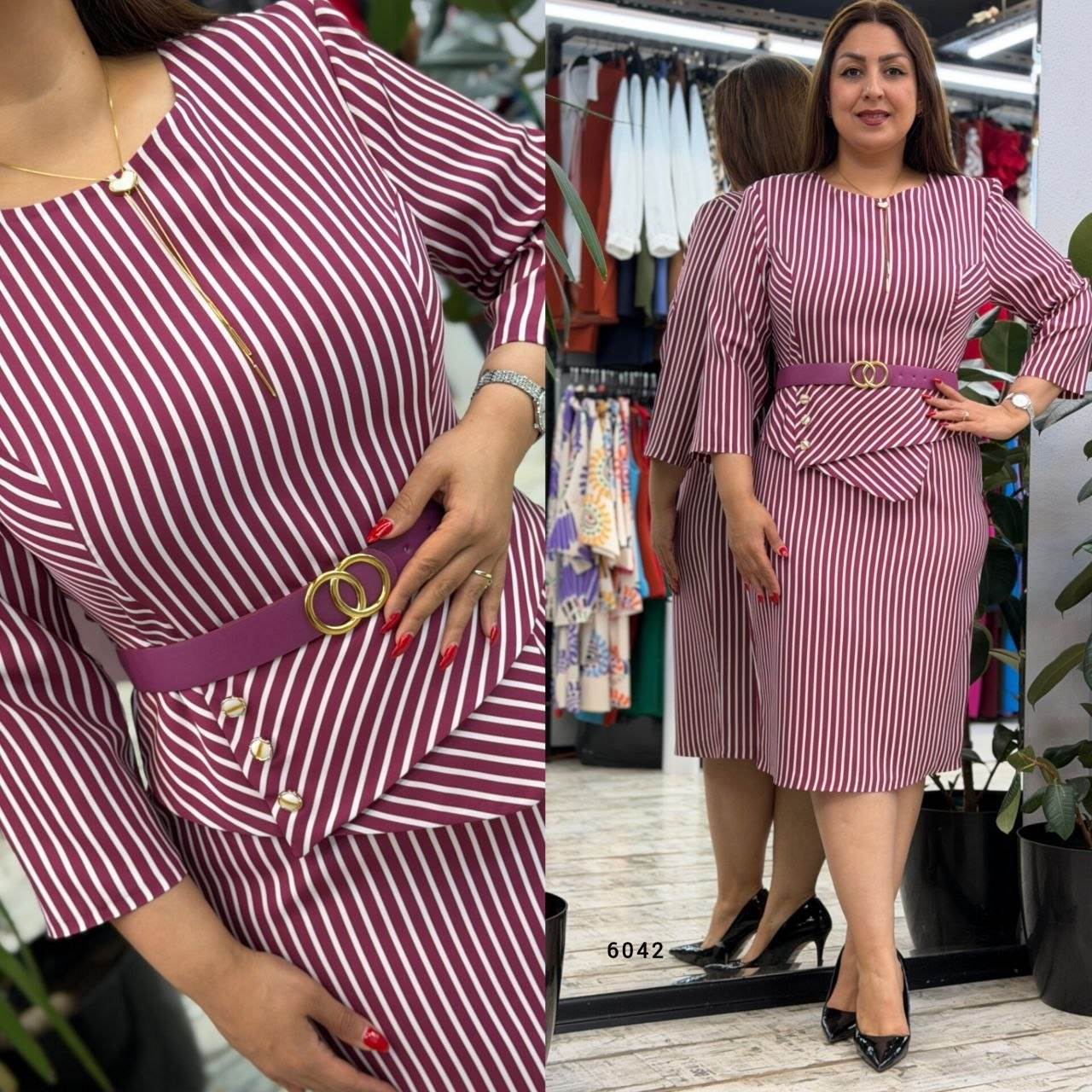 Elegant Striped Dress with Belt Detail