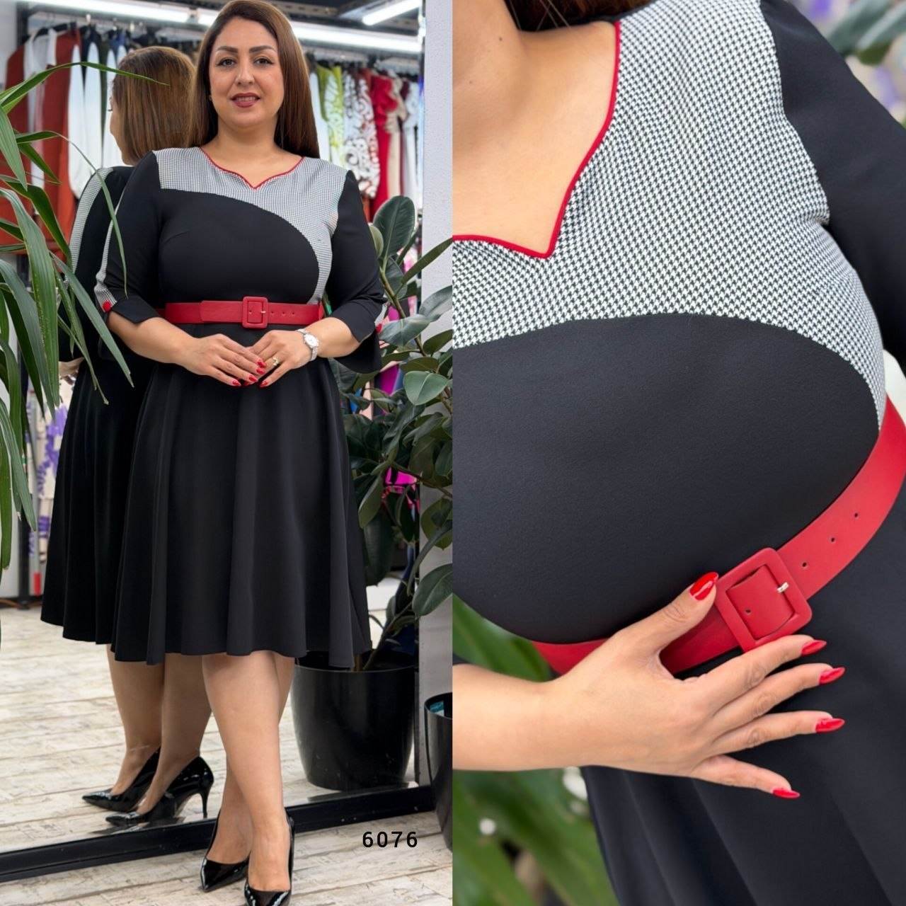Round Neck Belted Contrast Detail Midi Dress