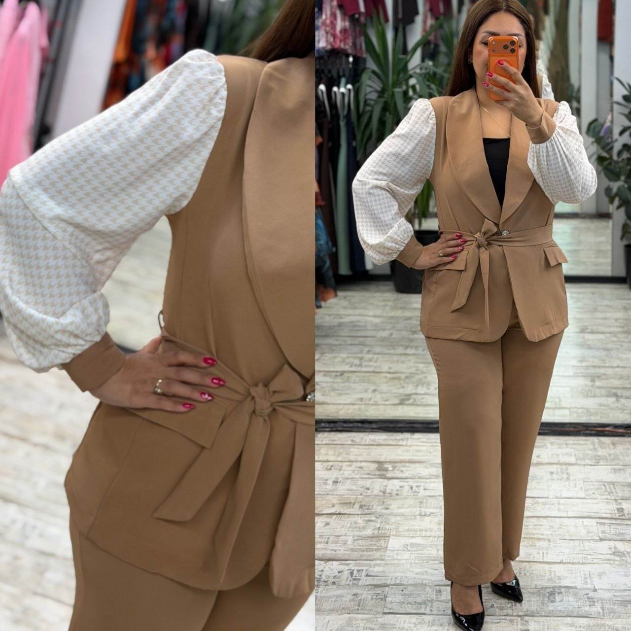 Women’s Shawl Collar Tie Waist Houndstooth Sleeve Pants Set