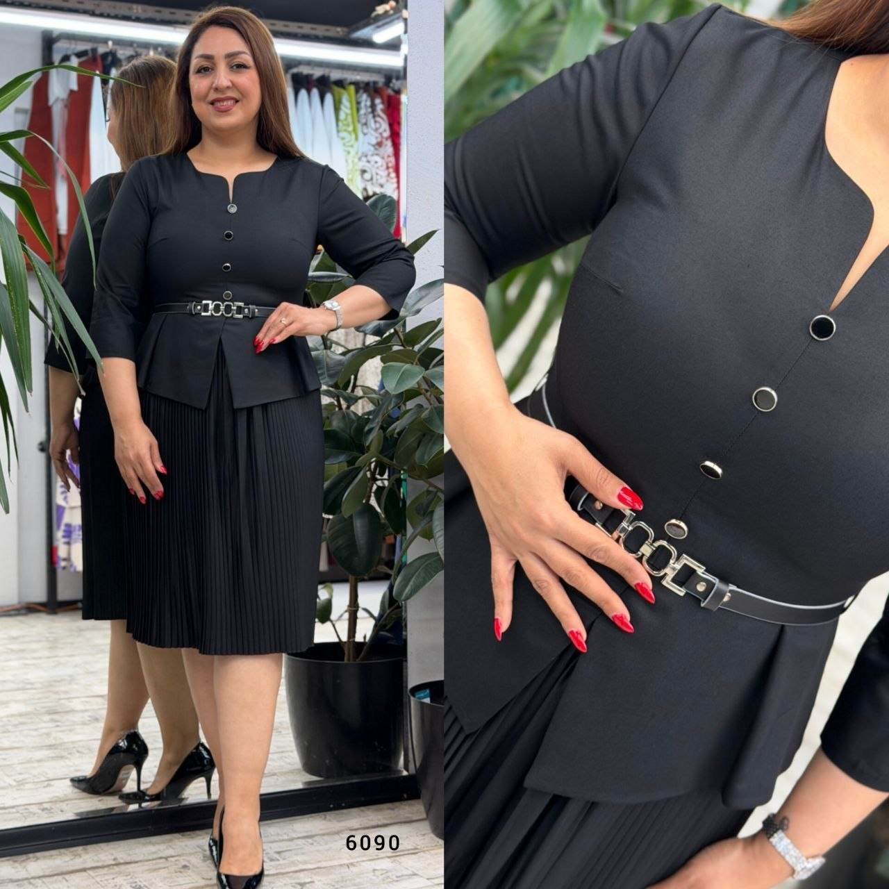 Elegant Black Pleated Dress with Belt Detail