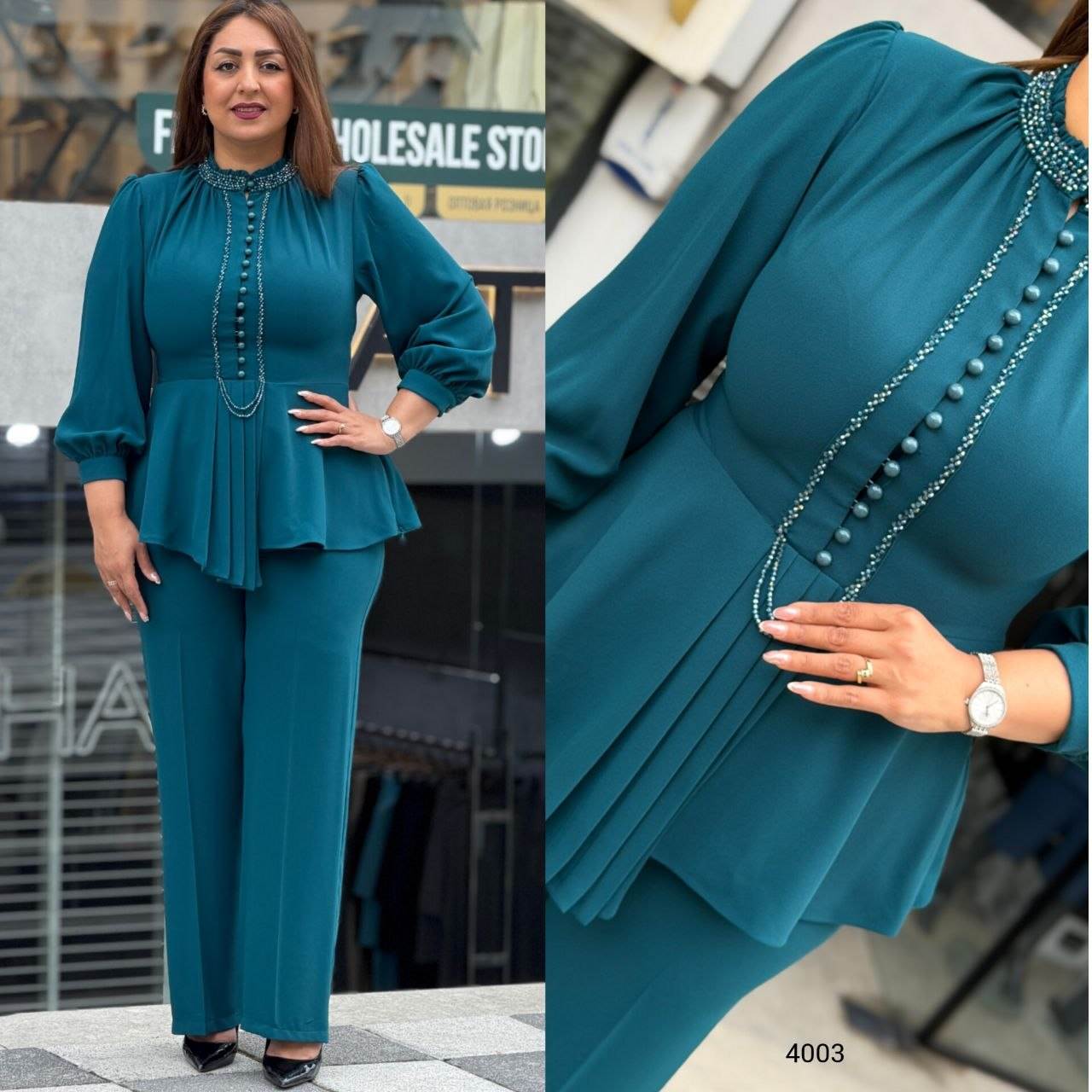 Beaded High-Neck Peplum Top & Straight-Leg Pants Two-Piece Set