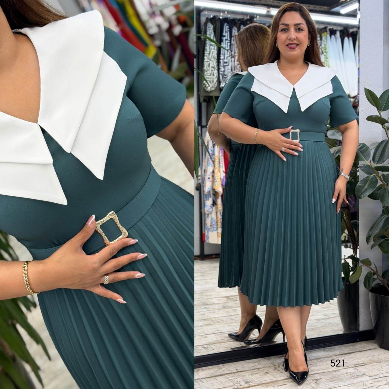Statement Collar Belted Pleated Dress