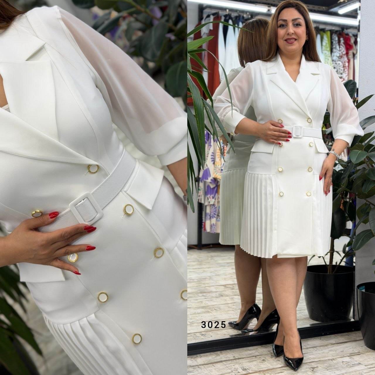 Wrap-Neck Belted Midi Dress with Pleated Skirt and Button Details