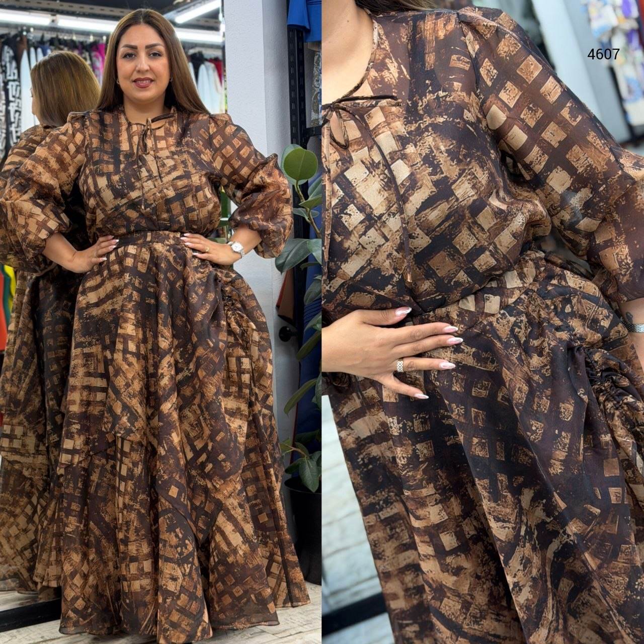Women’s Round Neck Tie Detail Long Balloon Sleeve Patterned Maxi Dress