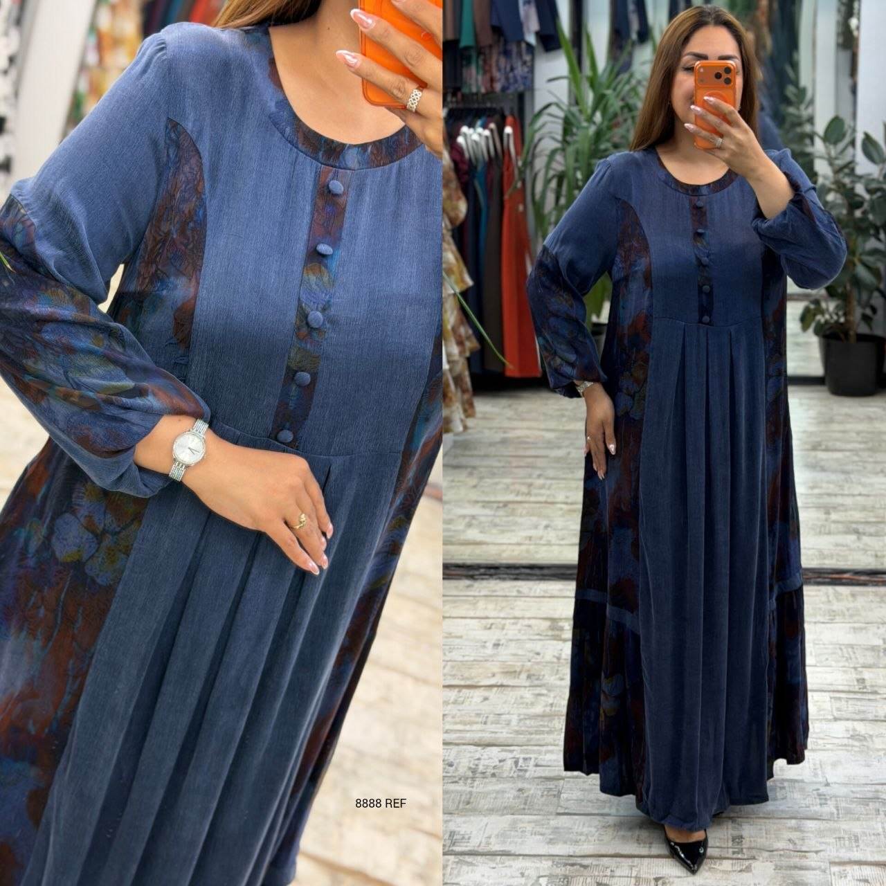 Women’s Crew Neck Button Detail Long Sleeve Patterned Panel Maxi Dress
