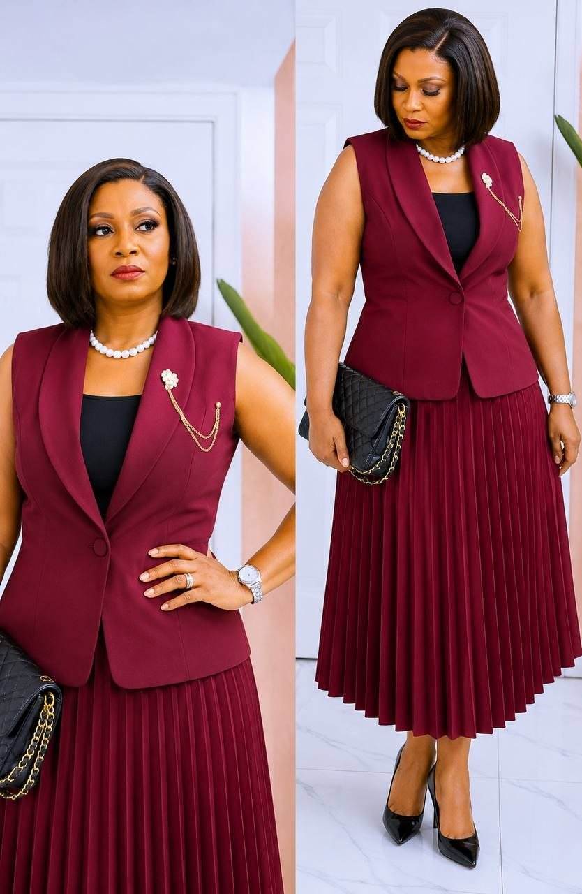 Women’s Shawl Collar Single Button Brooch Detail Sleeveless Vest and Pleated Midi Skirt Set