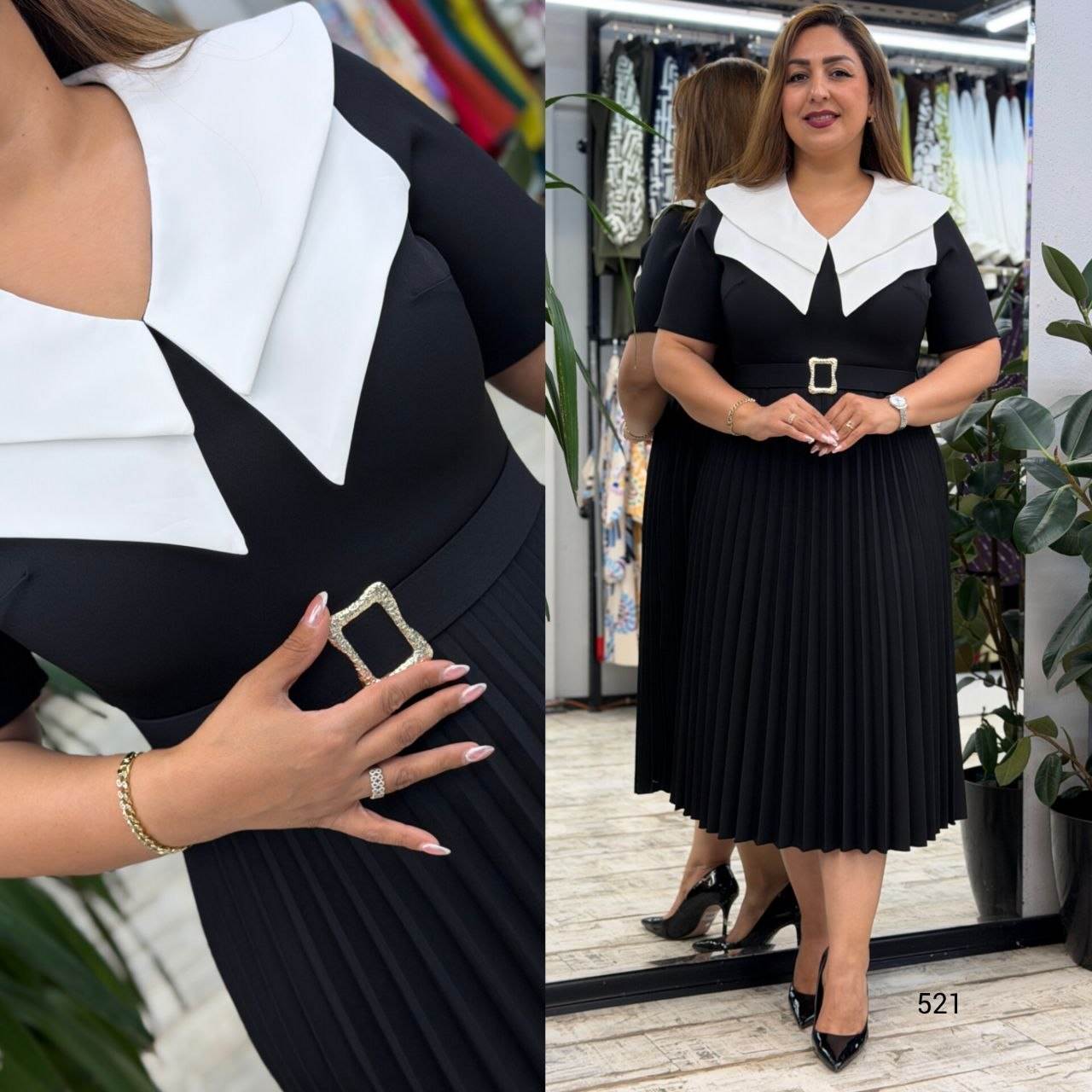 Statement Collar Belted Pleated Dress