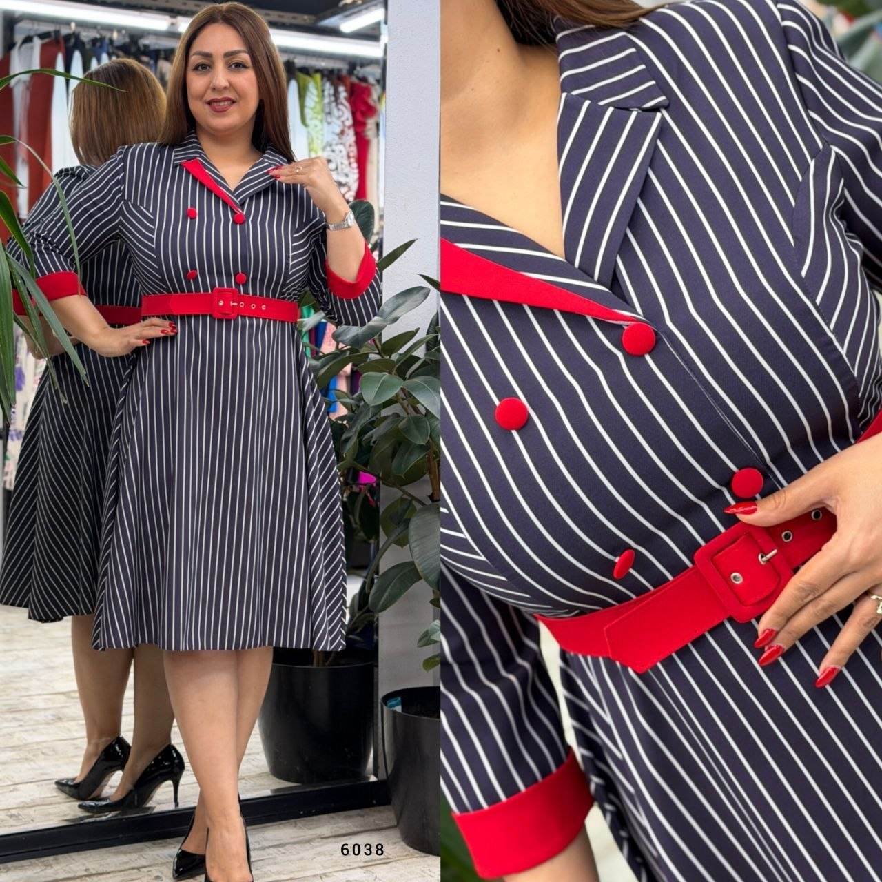 Striped Belted Double-Breasted Midi Dress