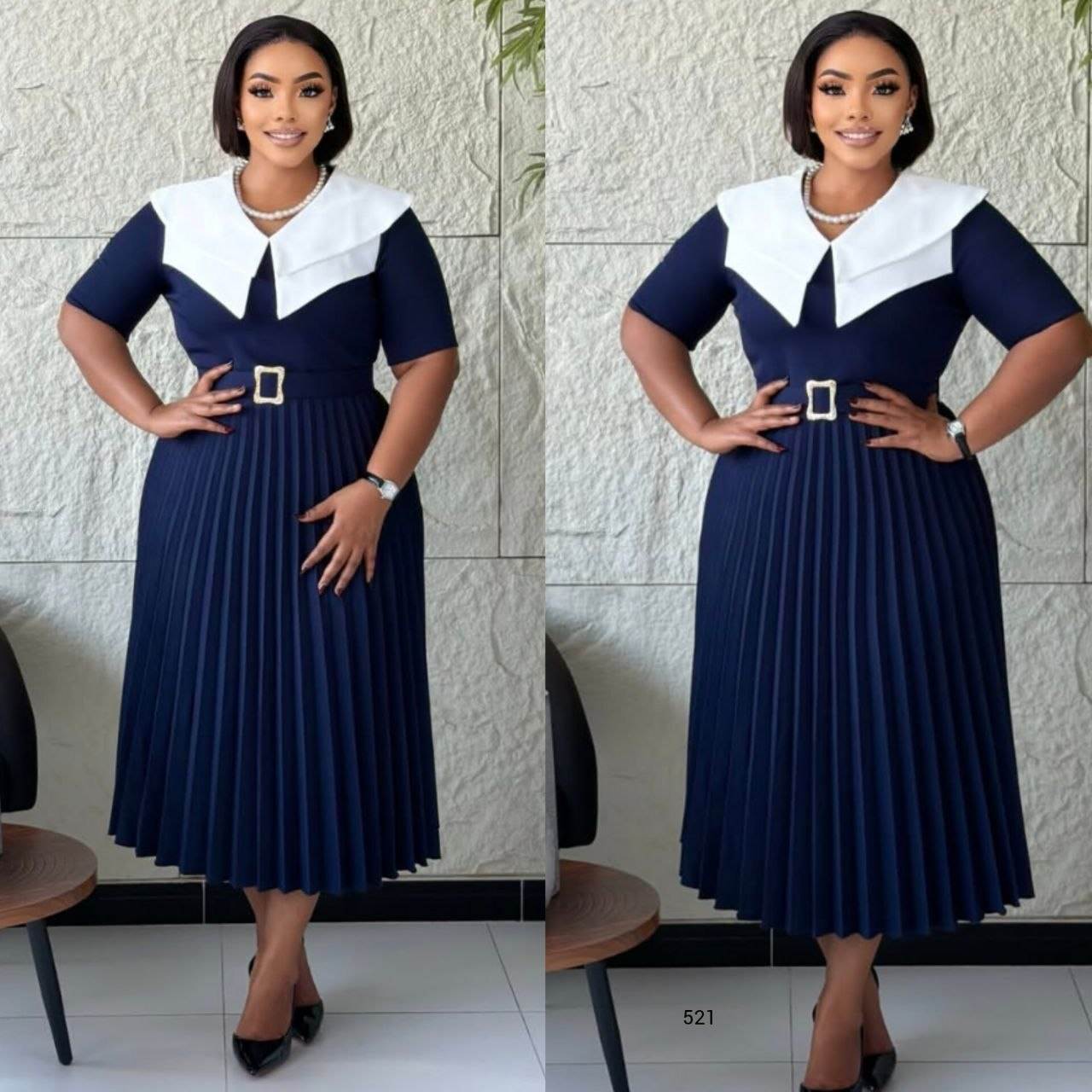 Women’s Wide Collar Short Sleeve Belted Pleated Midi Dress