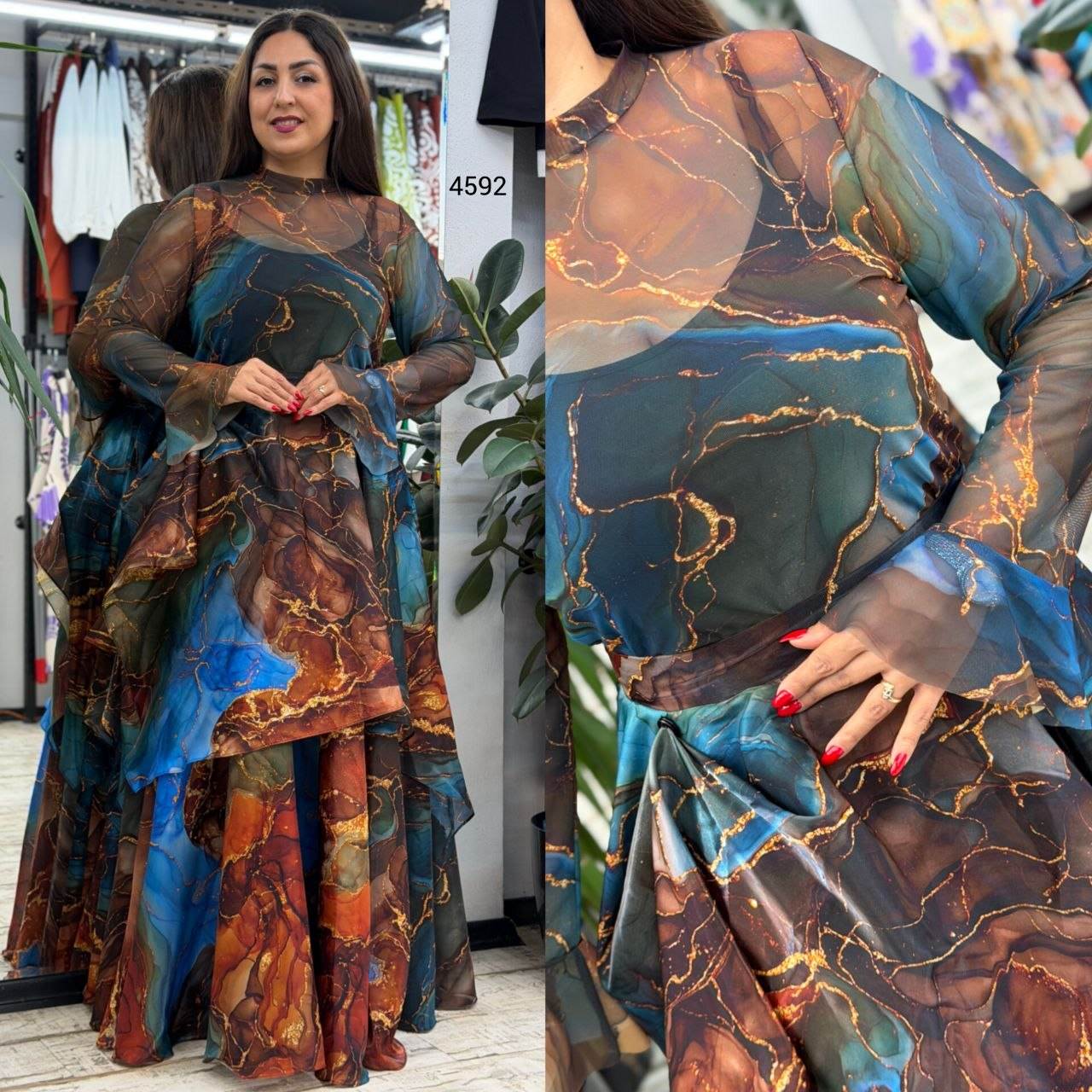 Marble-Print Chiffon Maxi Dress with Ruffled Skirt and Belt Detail