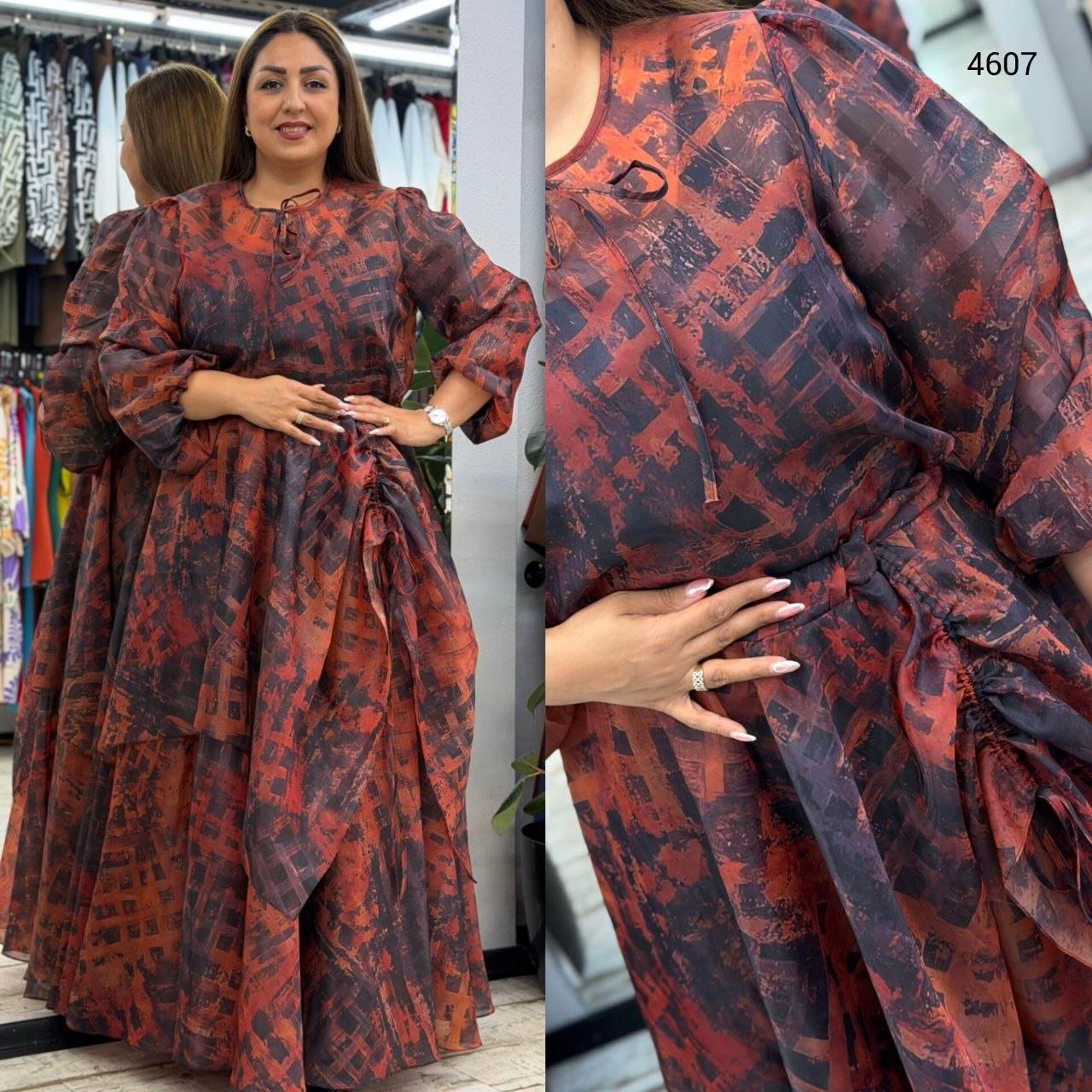 Women’s Round Neck Tie Detail Long Balloon Sleeve Patterned Maxi Dress