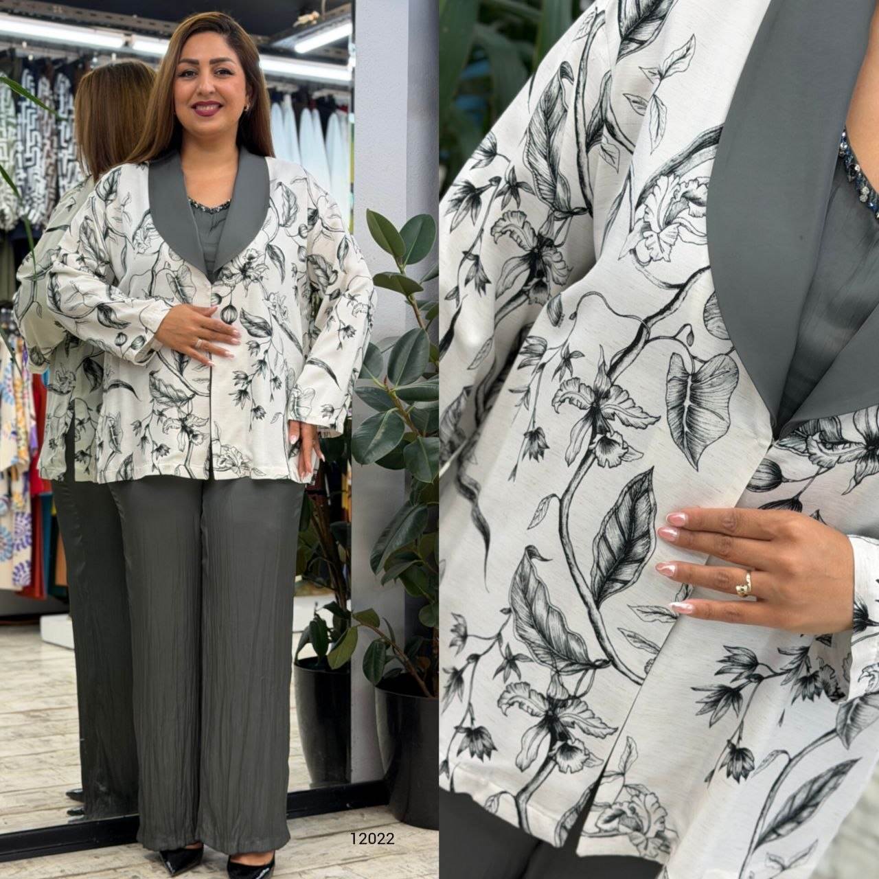 Women’s Printed Shawl Collar 3-Piece Jacket Blouse & Pants Set