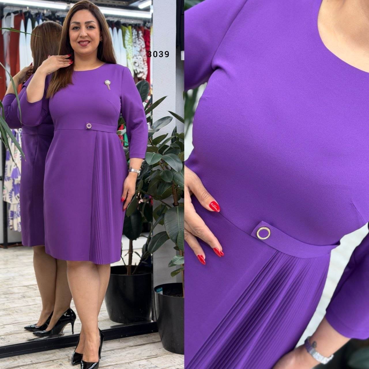 Women’s Crew Neck Belt Detail 3/4 Sleeve Midi Dress