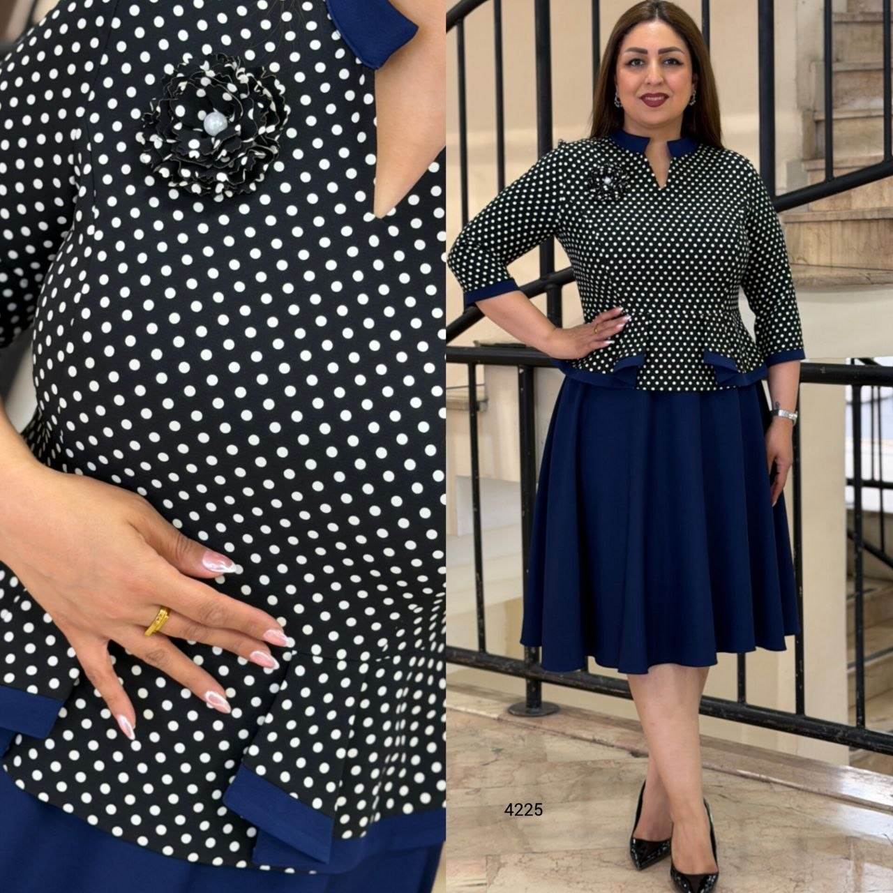 Elegant Polka Dot Brooch Detail Dress