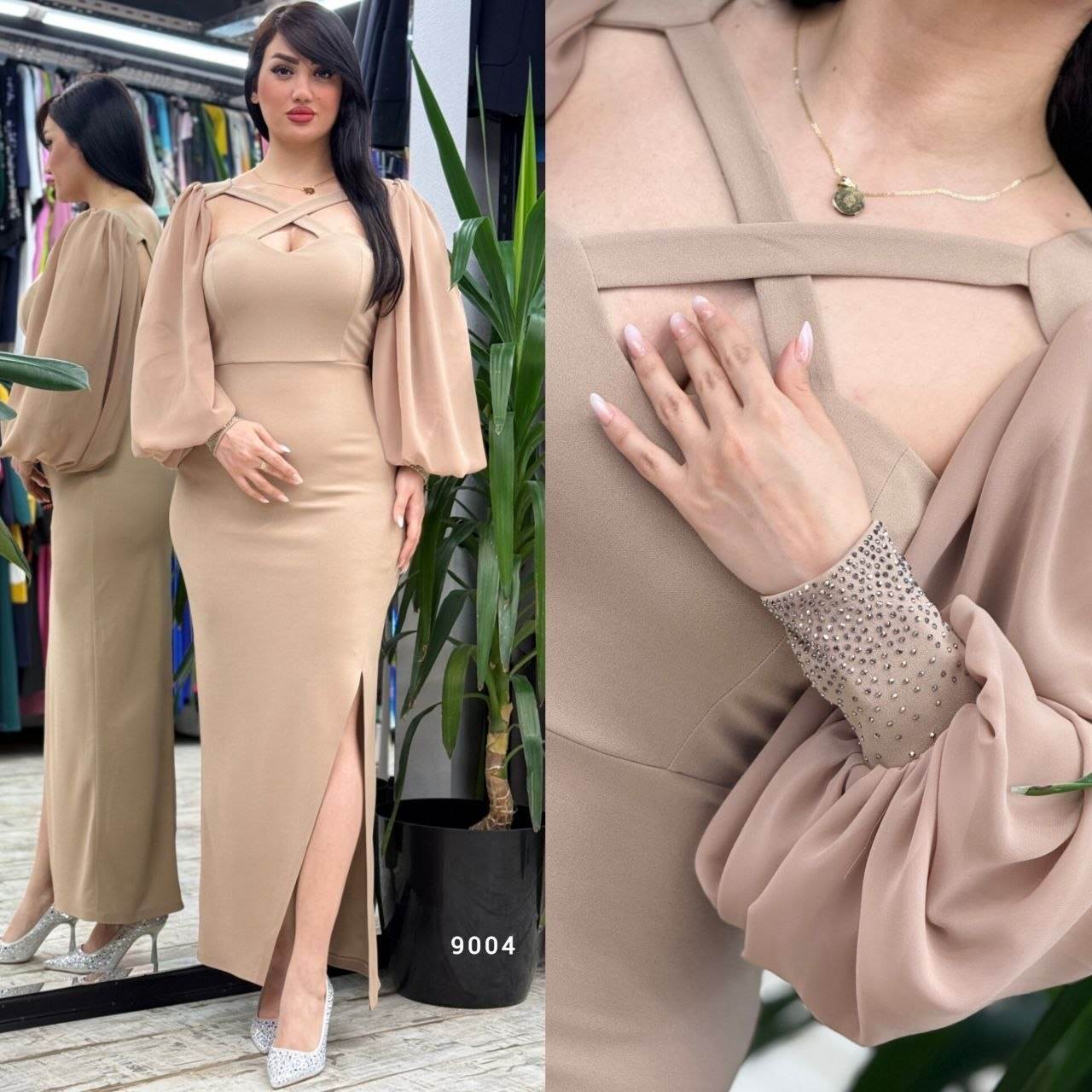 Long Slit Dress with Puff Sleeves and Rhinestone Details