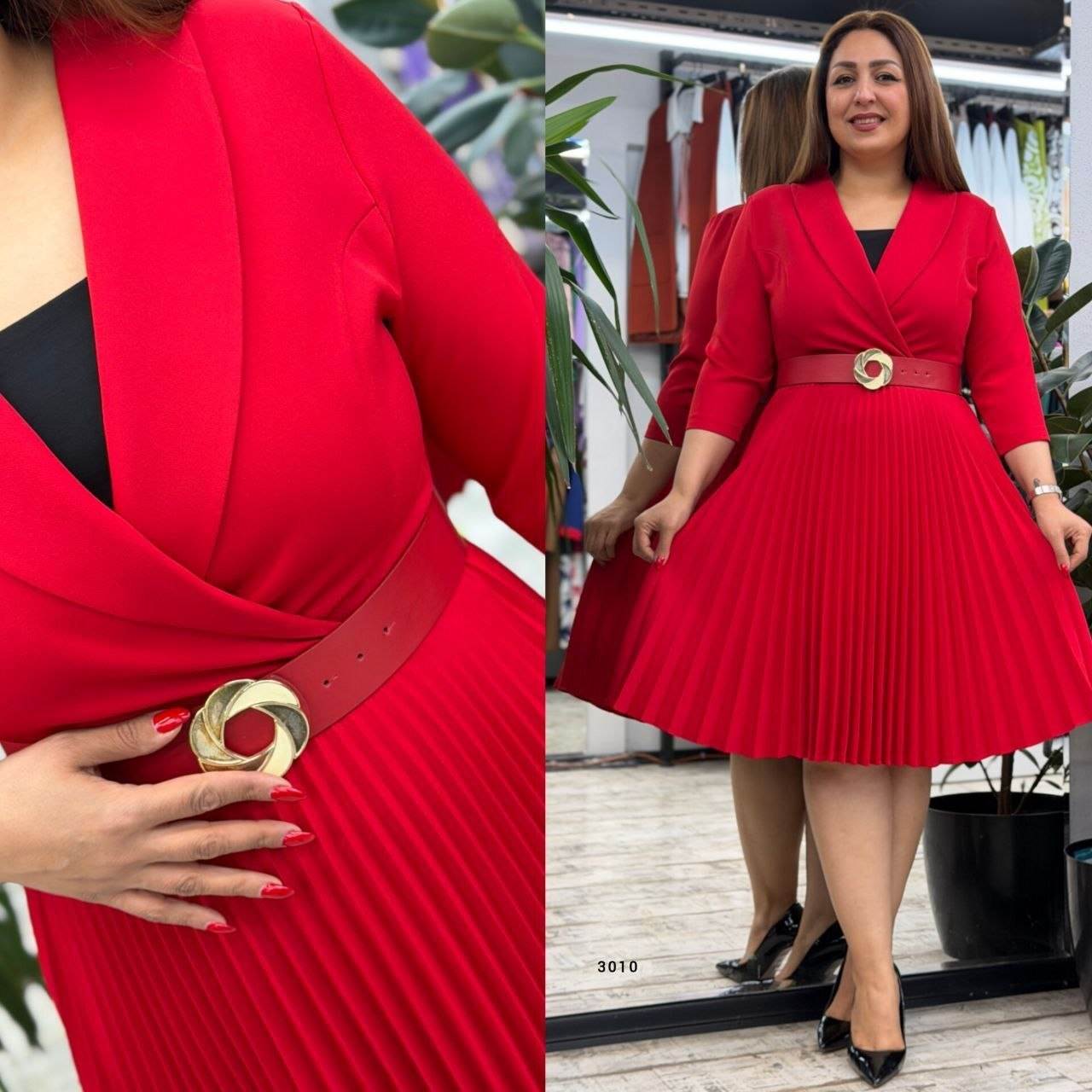 Women’s Wrap Neck Belt Buckle Pleated Midi Dress