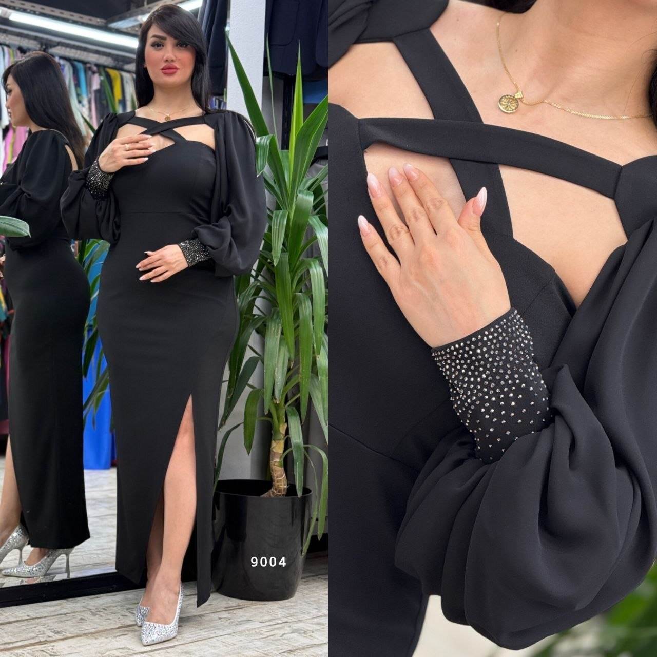 Long Slit Dress with Puff Sleeves and Rhinestone Details