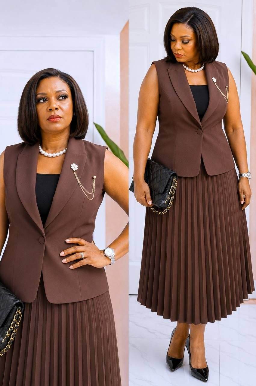 Women’s Shawl Collar Single Button Brooch Detail Sleeveless Vest and Pleated Midi Skirt Set
